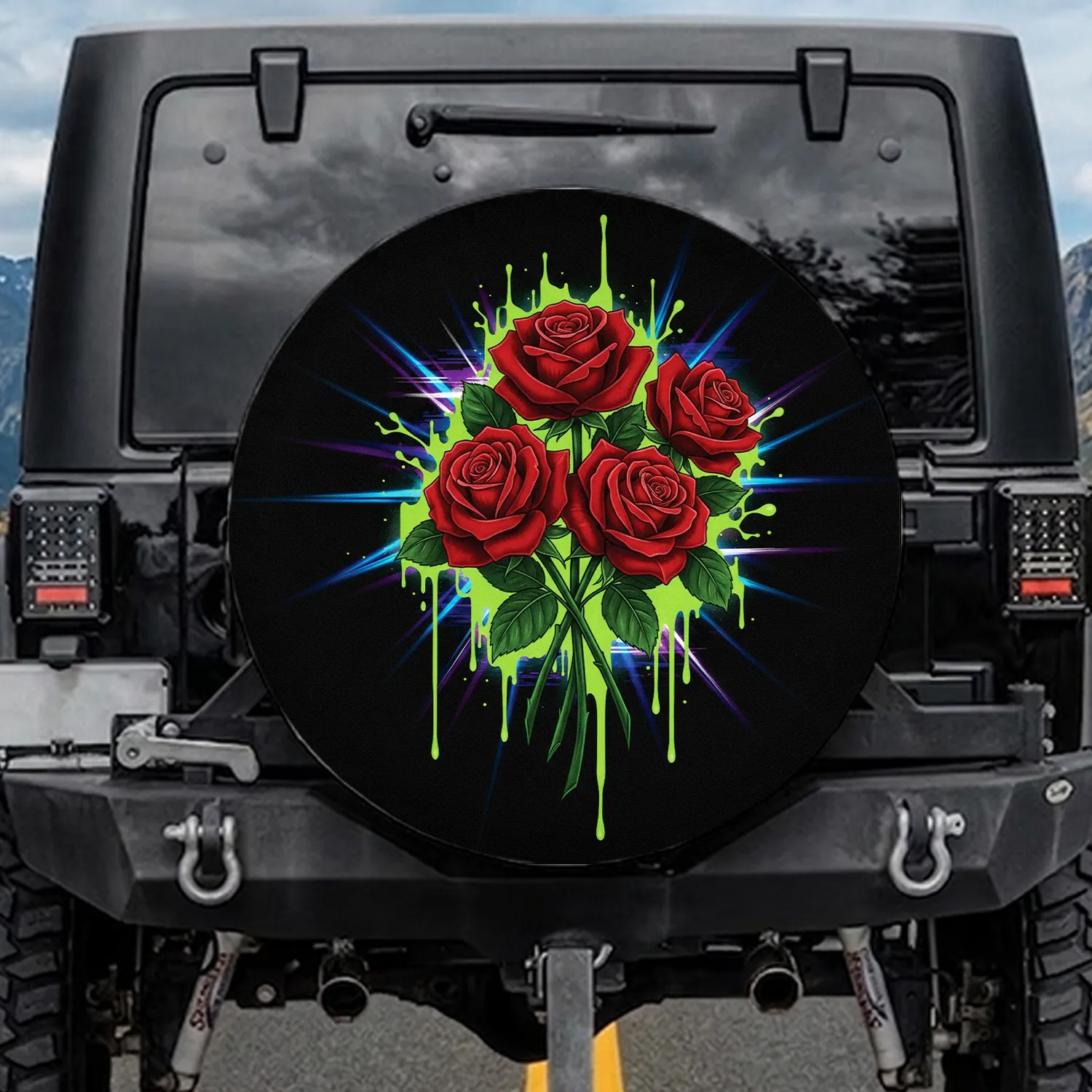 Vibrant Red Roses Neon Green Drips Electric Blue Purple Stripes Spare Tire Cover - 1