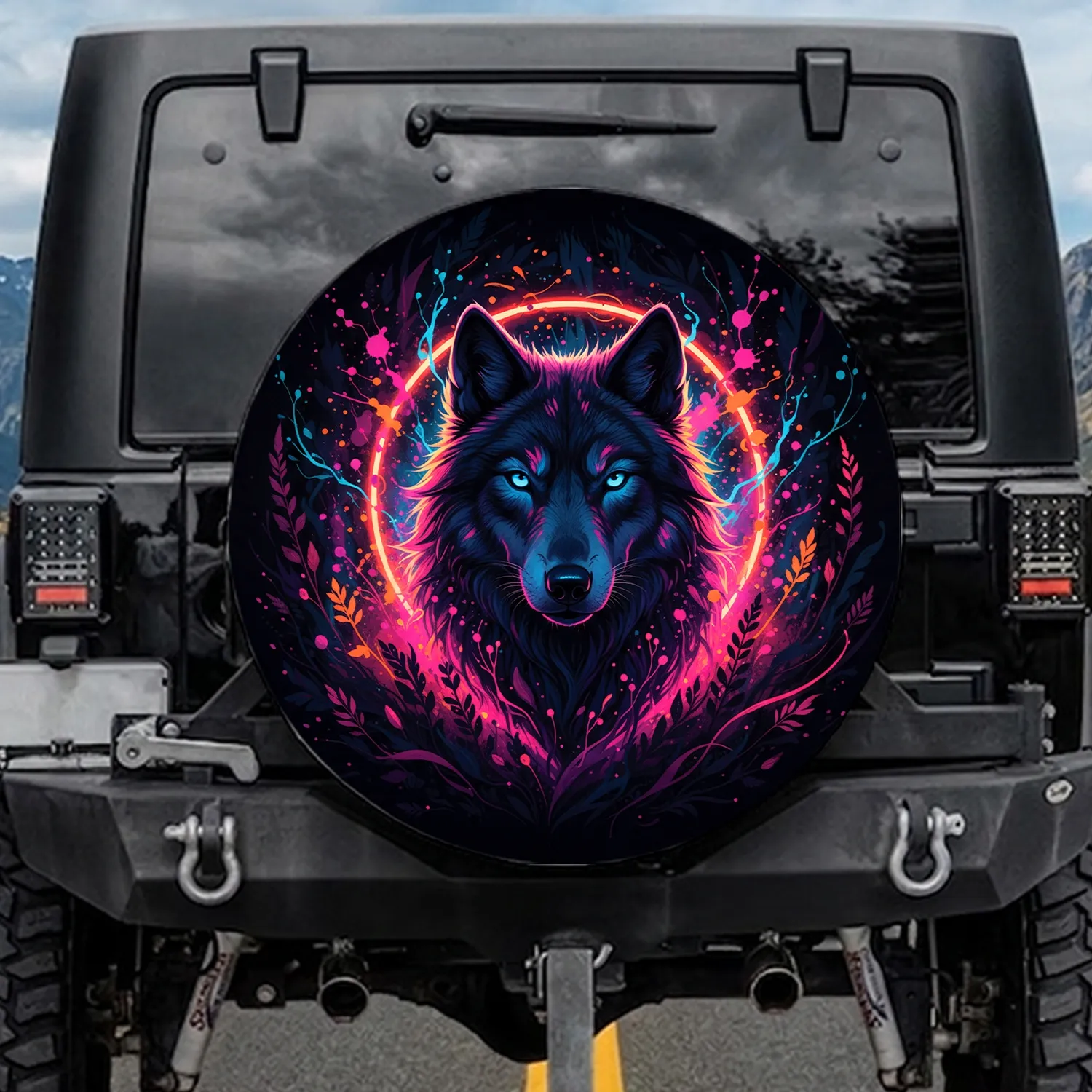 Black Wolf Piercing Eyes Neon Splatter Nocturnal Forest - Wildlife Lover Gift Spare Tire Cover - 1