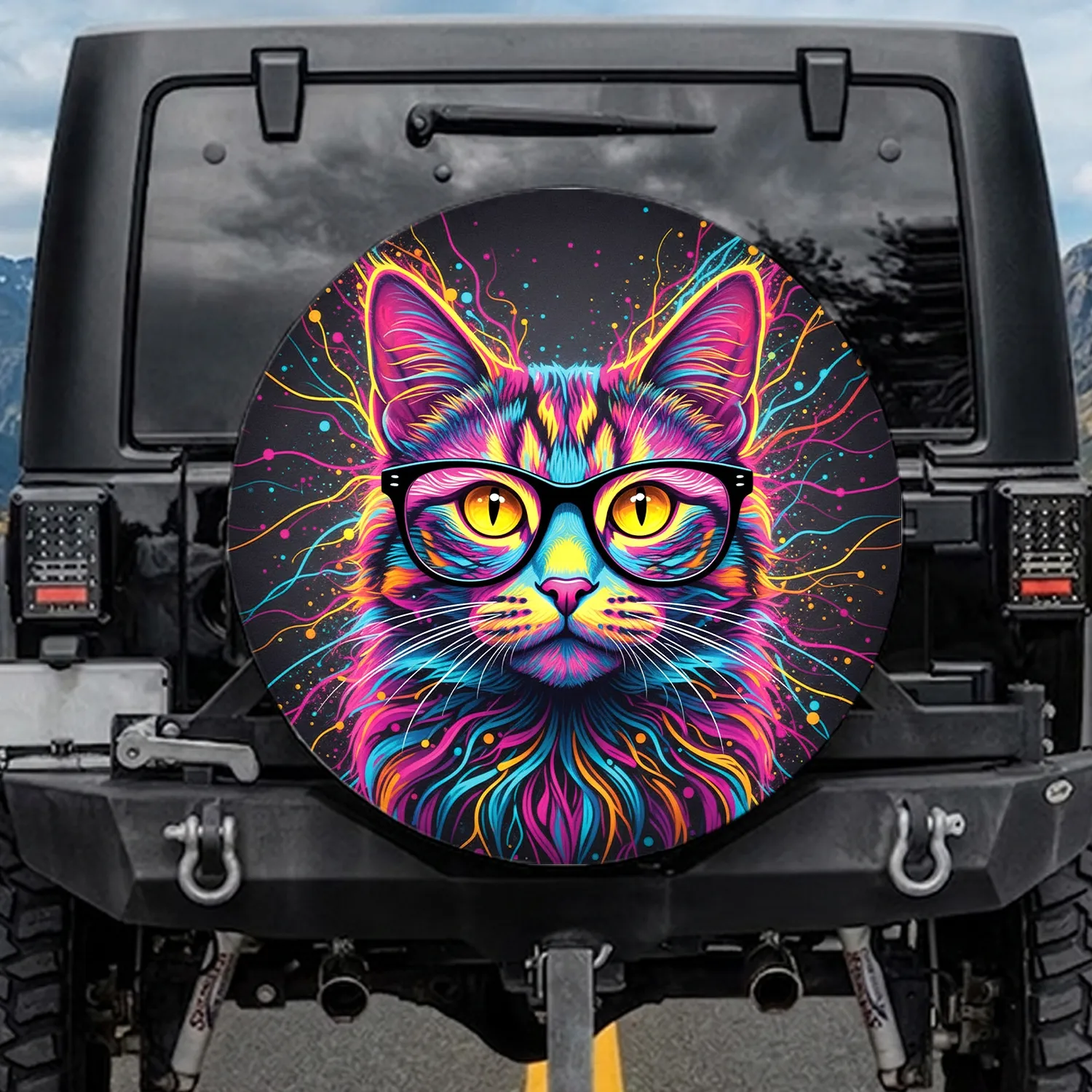 Cat Oversized Glasses Expressive Eyes Radiating Energy Lines - Cat Lover Auto Decor Spare Tire Cover - 1