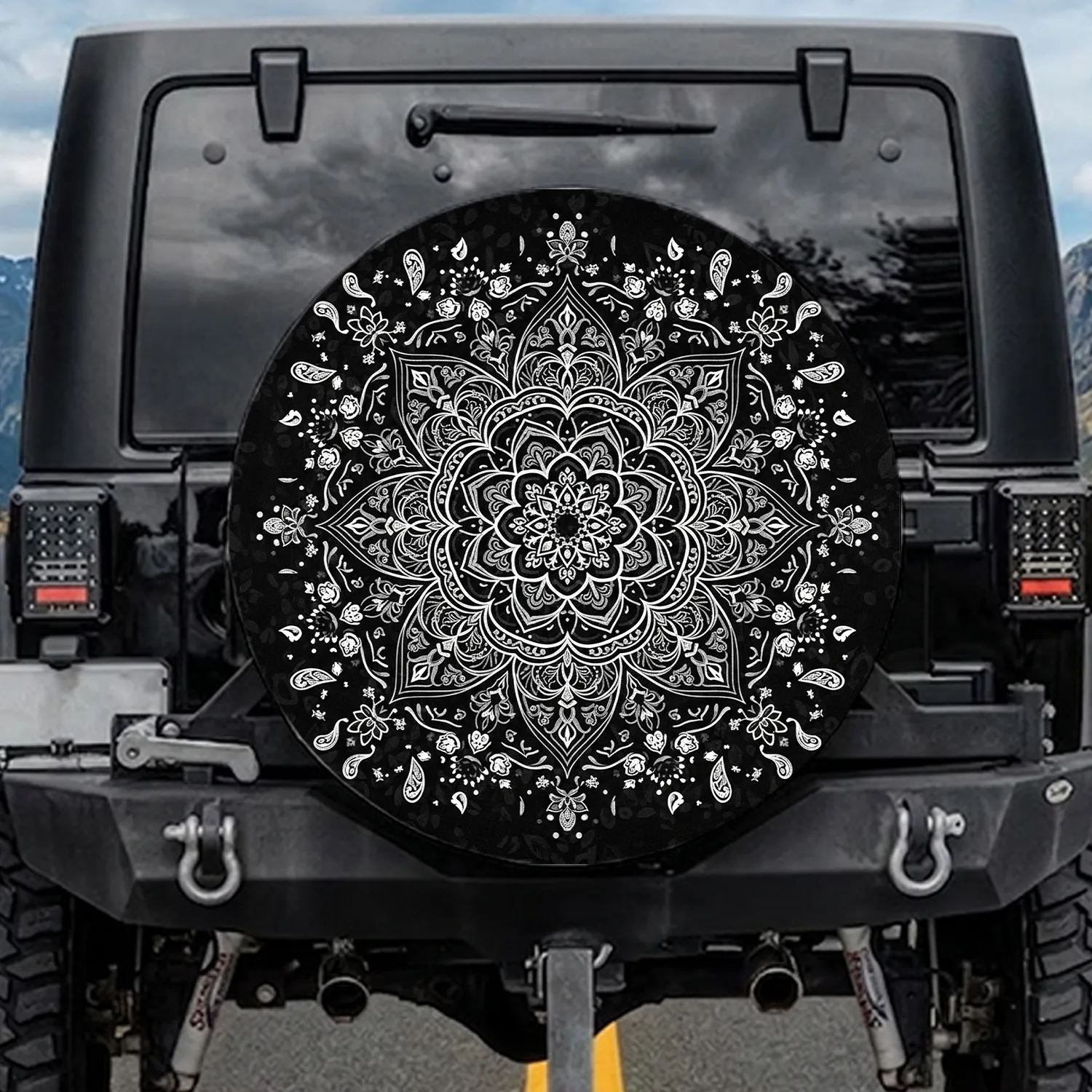 Black White Grey Paisley Mandala Filigree Flecks - Boho Lifestyle Travel Essentials Gift Spare Tire Cover - 1