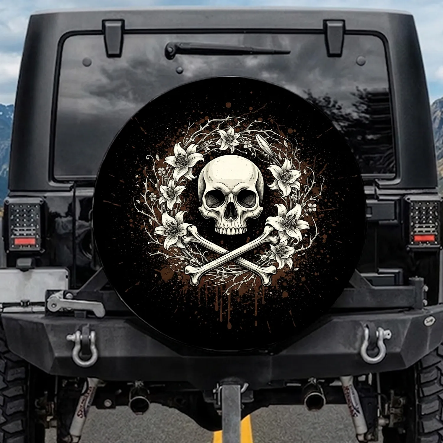 Human Skull Crossed Bones White Lilies Wreath Gothic Decor Gift for Skull Enthusiast Spare Tire Cover - 1