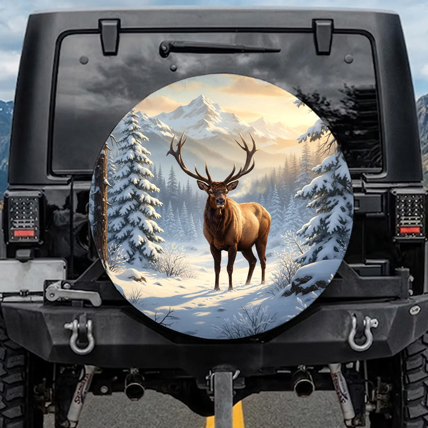 Majestic Bull Elk Antlers Snowy Mountain Pine Forest - Wildlife Lover Gift Spare Tire Cover - 1