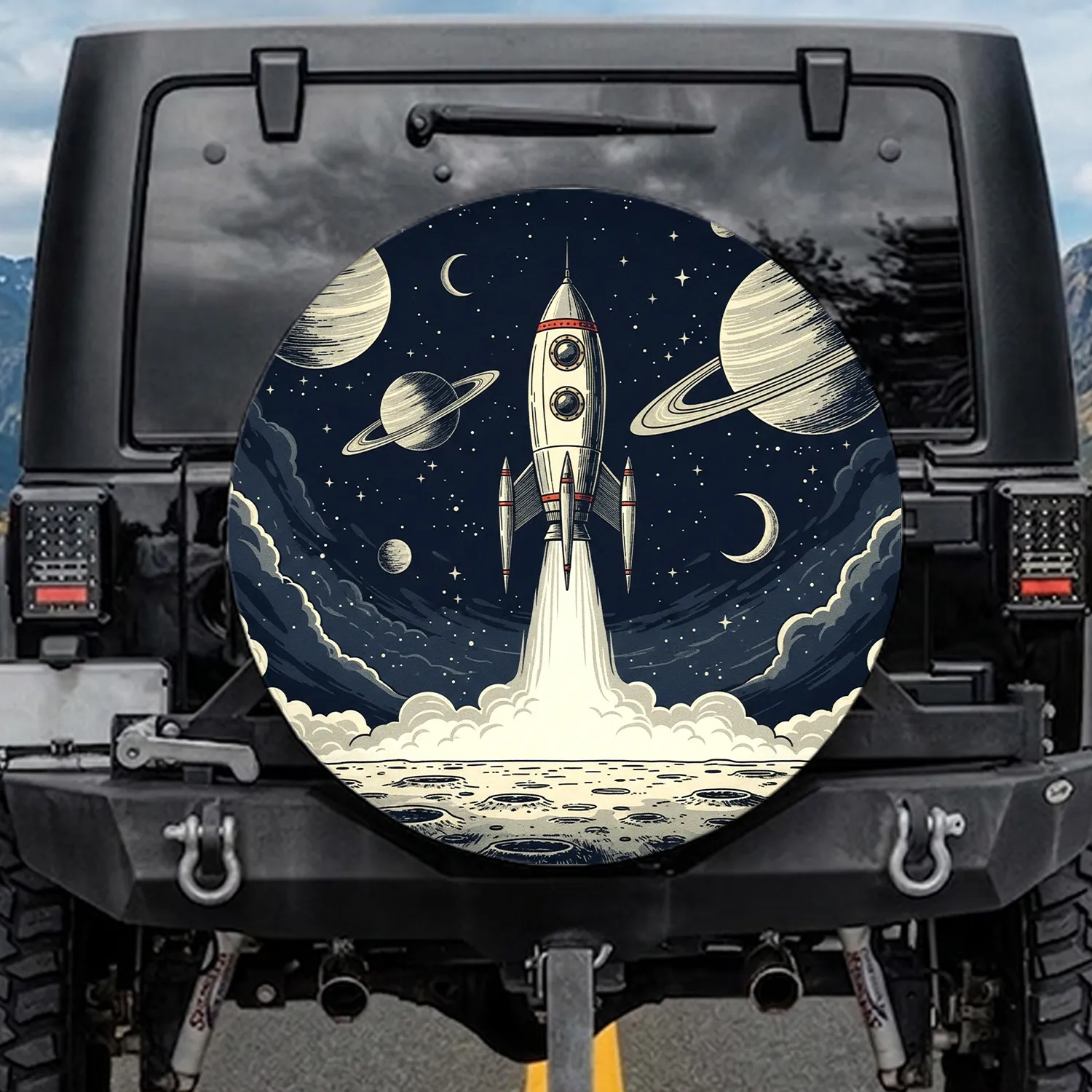 Retro-futuristic Rocket Ship Celestial Planets - Space Exploration Lover Gift Spare Tire Cover - 1