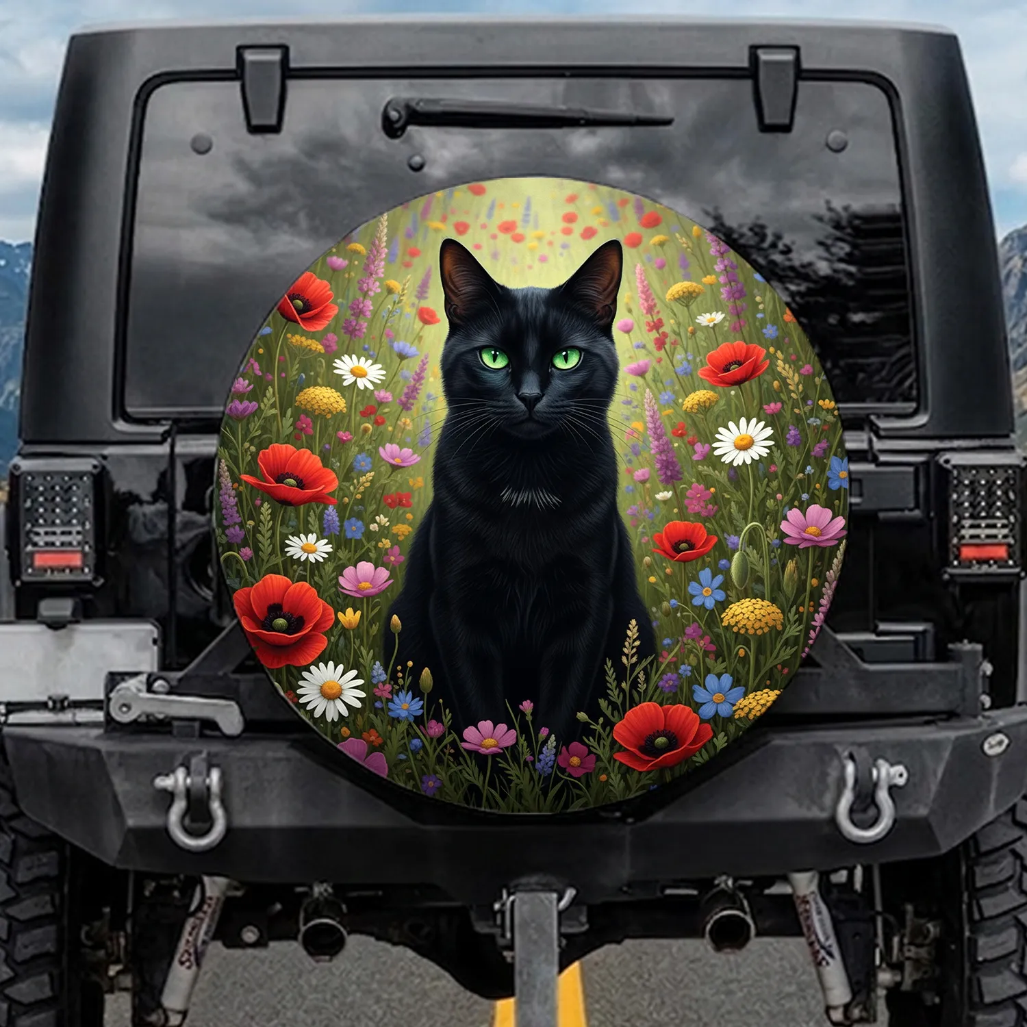 Black Cat Green Eyes Poppies Daisies Purple Blossoms - Cat Lover Car Decor Gift Spare Tire Cover - 1