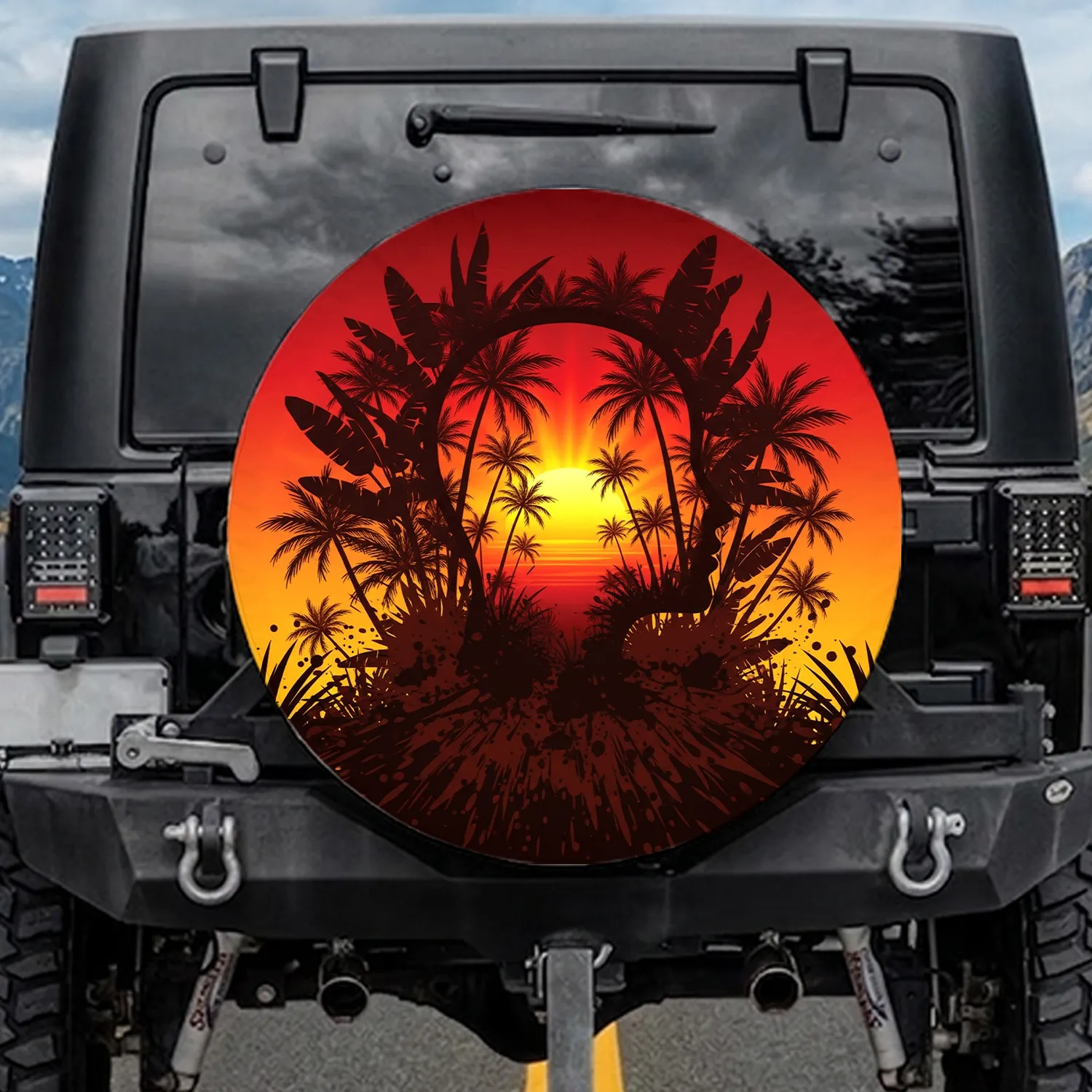 Tropical Sunset Head Silhouette Palm Trees - Outdoor Adventure Gear Spare Tire Cover - 1