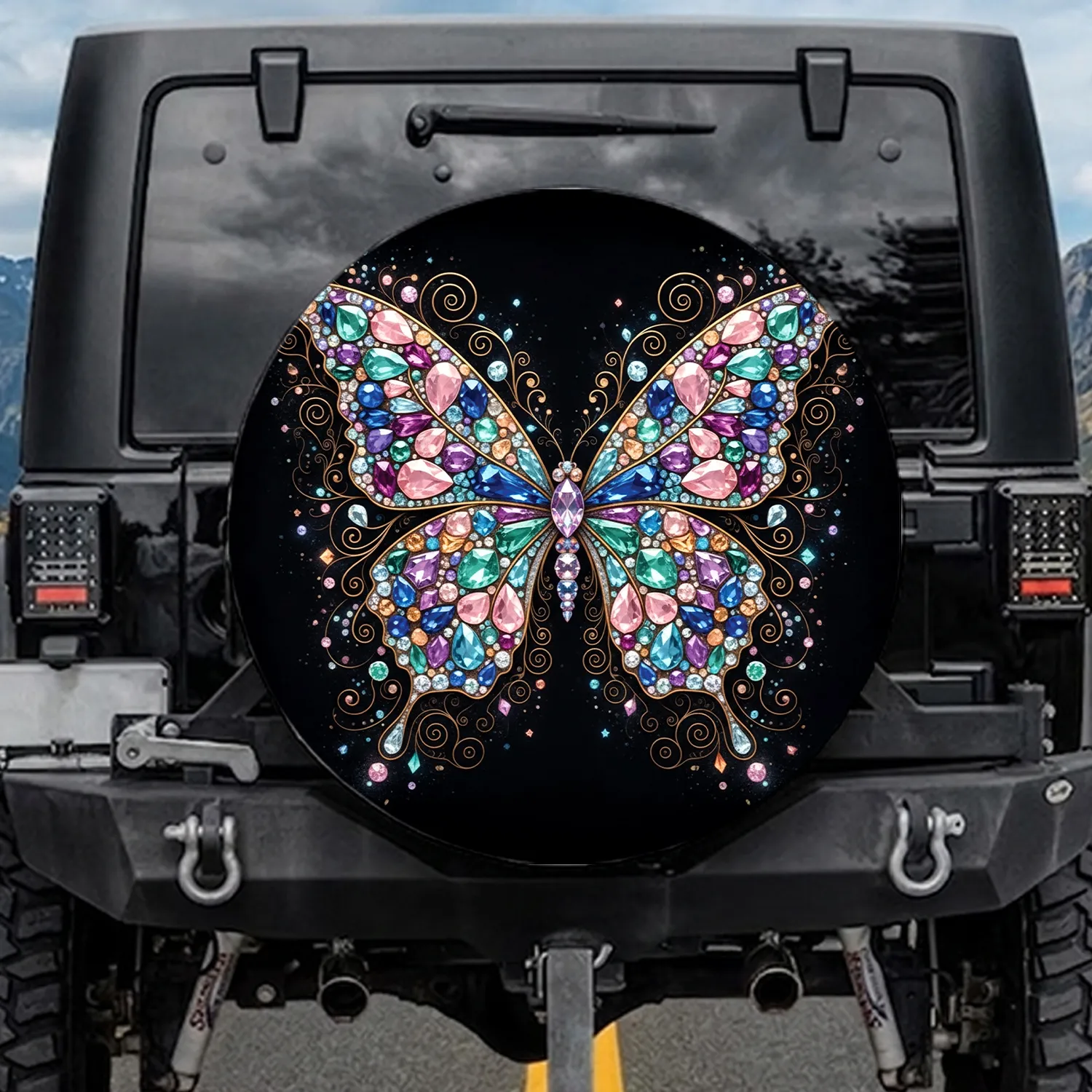 Jewel Butterfly Gold Filigree Celestial Outdoor - Car Decor Gift for Butterfly Lovers Spare Tire Cover - 1