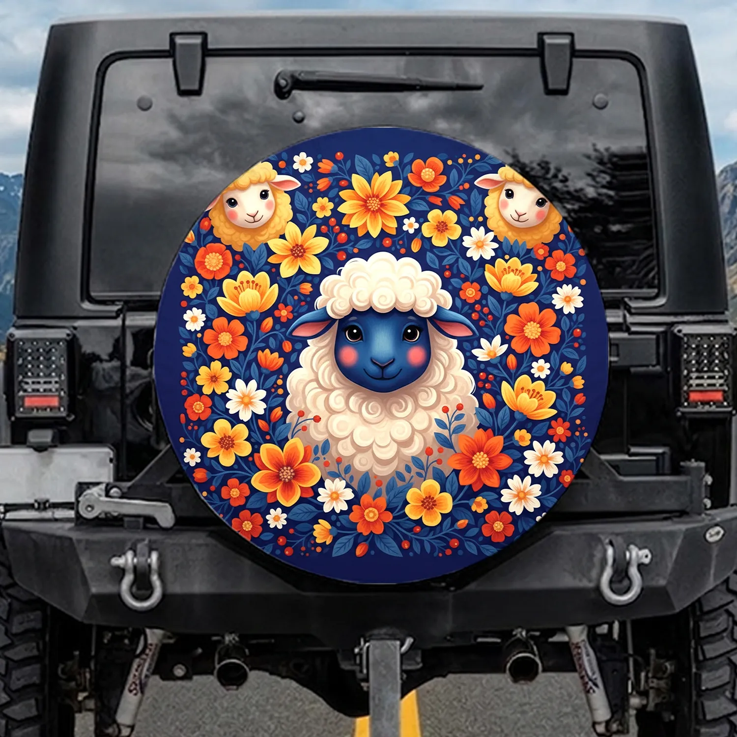 Fluffy White Sheep Rosy Cheeks Yellow Sheep Floral Vines Royal Blue - Animal Lover Gift Spare Tire Cover - 1