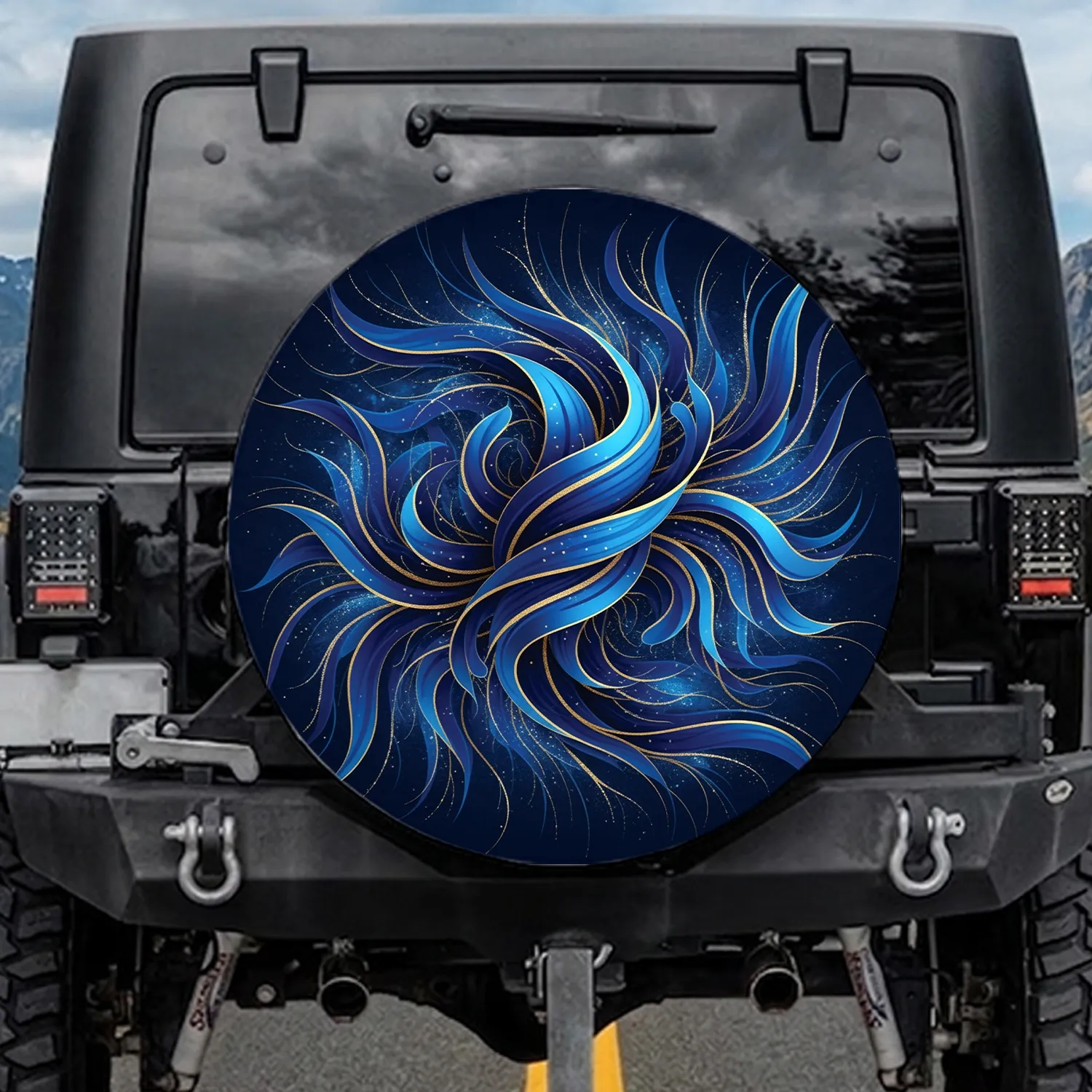 Deep Navy Blue Gold Flowing Interweaving Waves Bands Lines - Travel Essentials Spare Tire Cover - 1