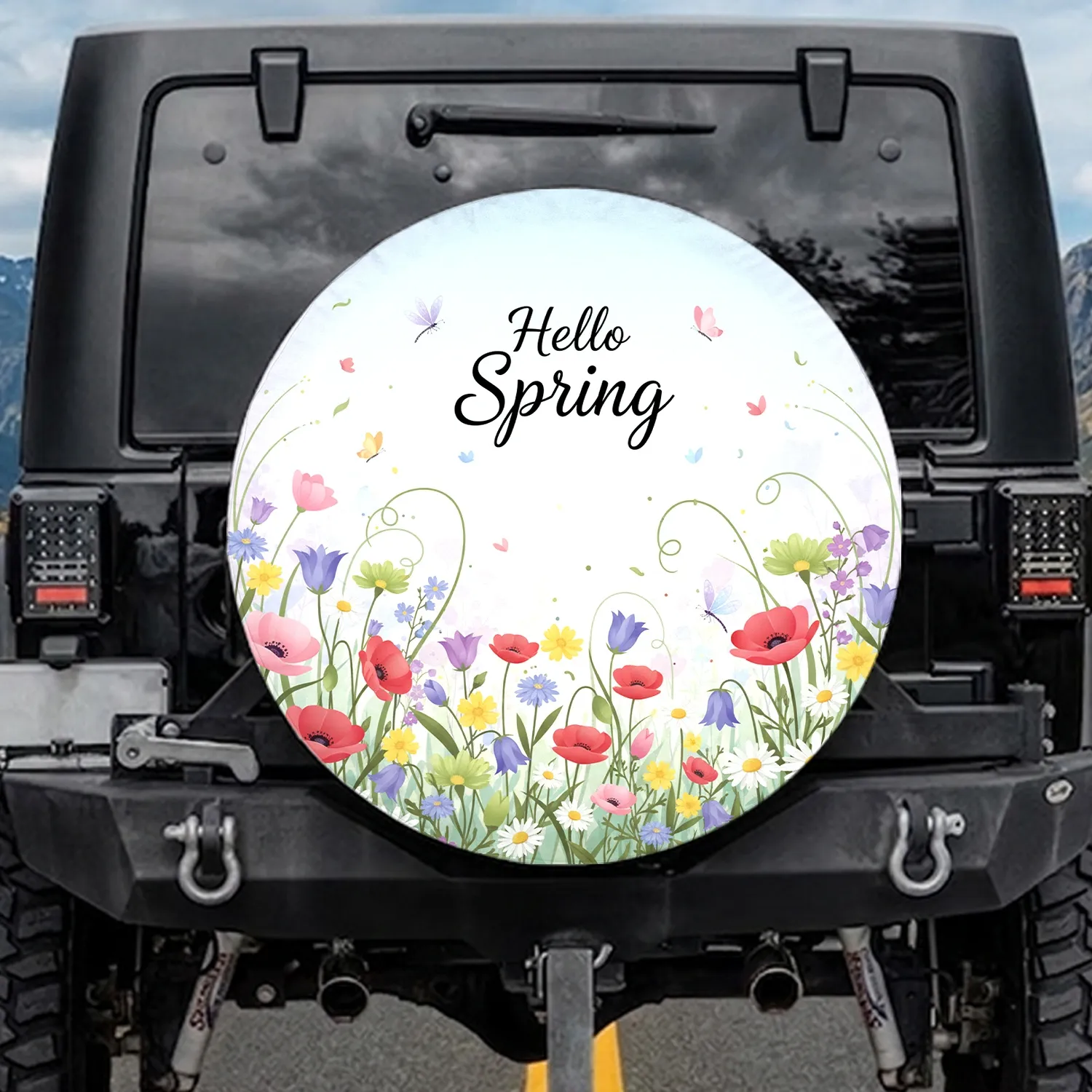 Hello Spring Wildflowers Dragonfly Butterfly - Spring Car Decor Gift Spare Tire Cover - 1