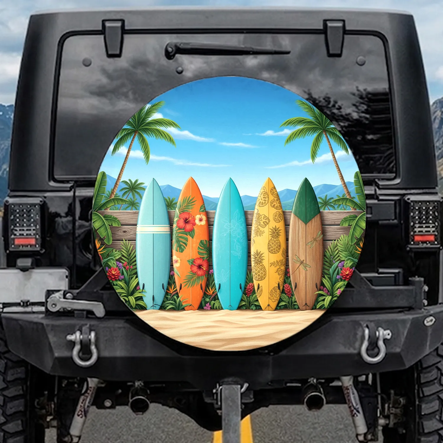 Five Vintage Surfboards Hawaiian Floral Pineapple Tropical Beach Scene - Travel Essentials Spare Tire Cover - 1