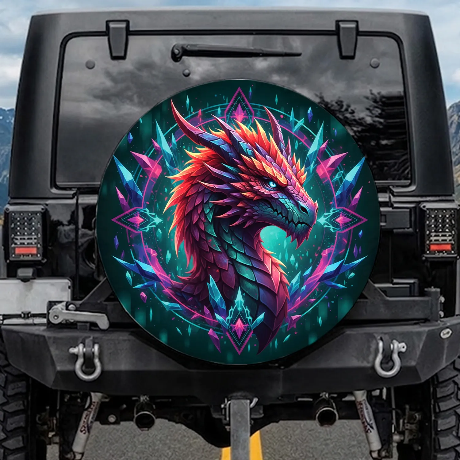Powerful Majestic Dragon Head Fiery Teal Crystal Shards - Fantasy Lover Gift Spare Tire Cover - 1