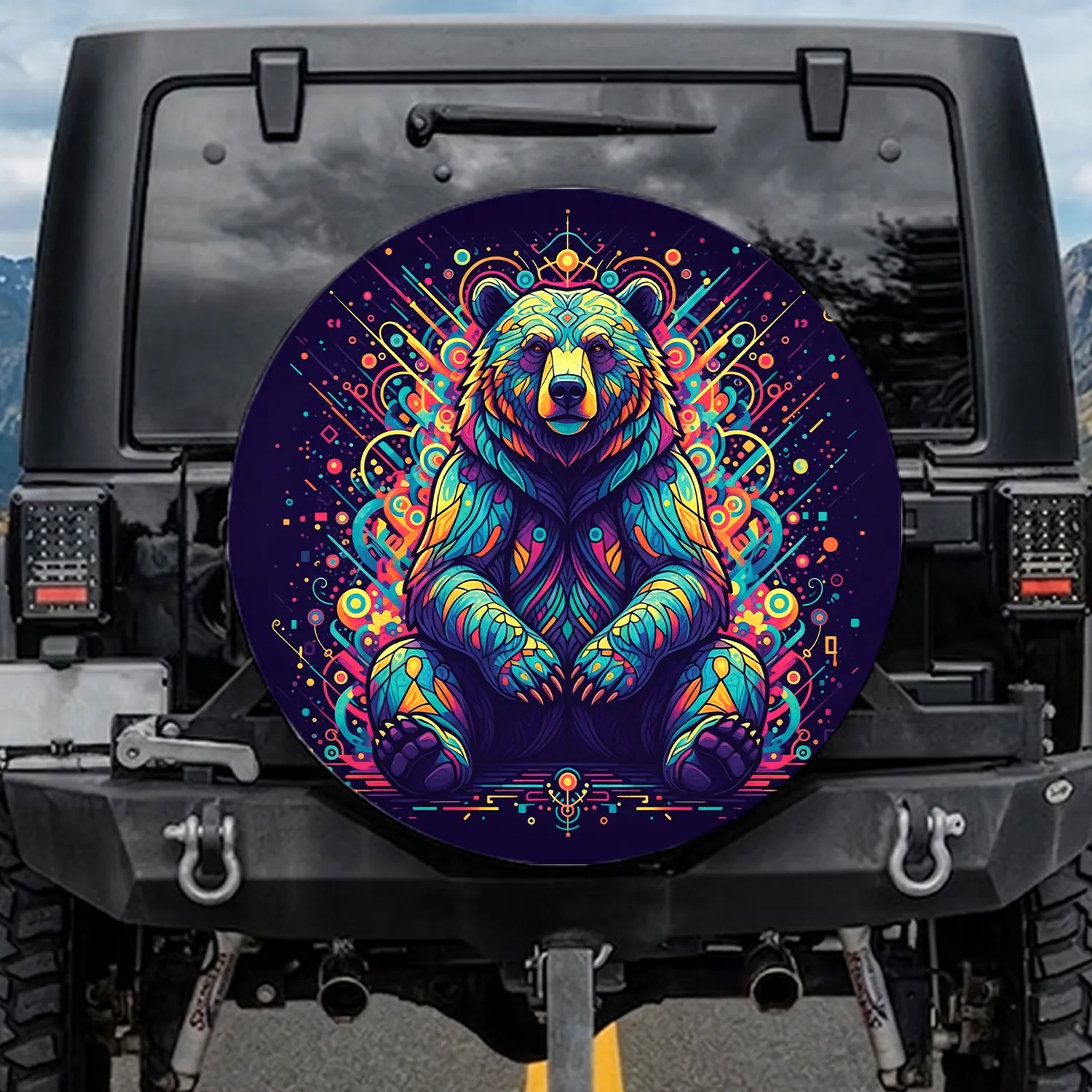 Kaleidoscopic Grizzly Bear Glowing Shapes - Wildlife Lover Outdoor Adventure Gift Spare Tire Cover - 1