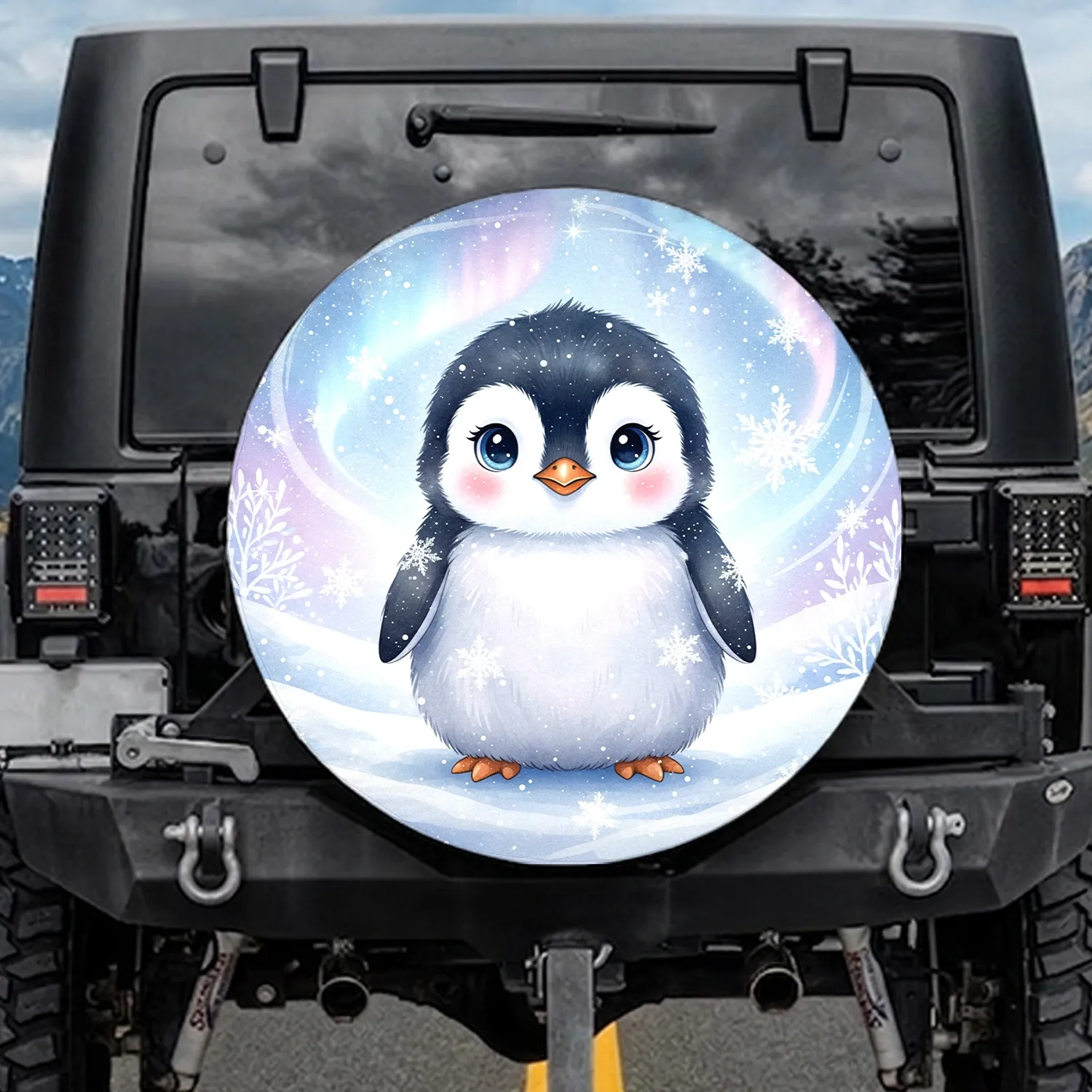 Baby Penguin Snowflakes Aurora Winter Sky - Winter Lover Gift Spare Tire Cover - 1