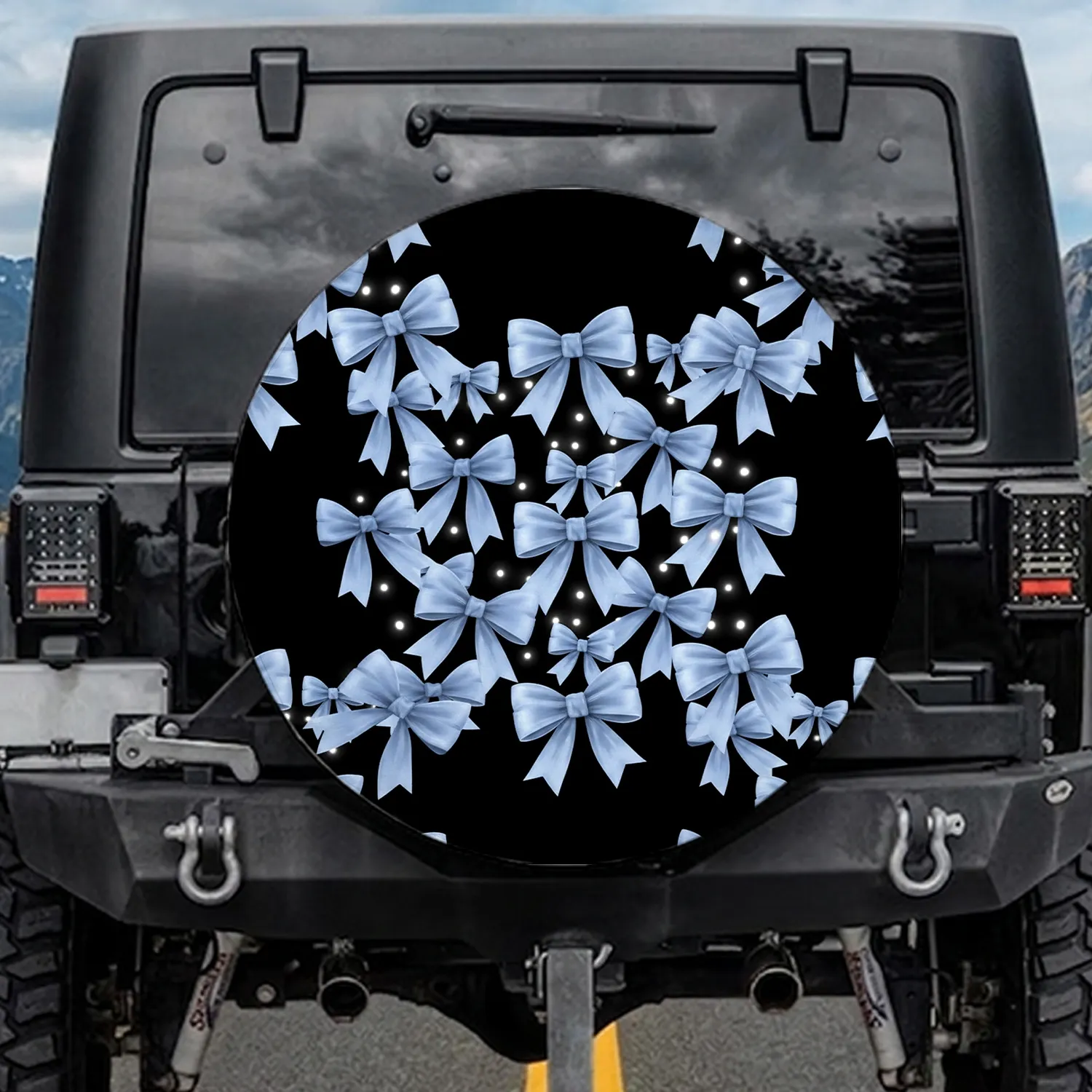 Light Blue Ribbon Bows Fabric Tails Polka Dots - Vehicle Accessory Gift for Drivers Spare Tire Cover - 1
