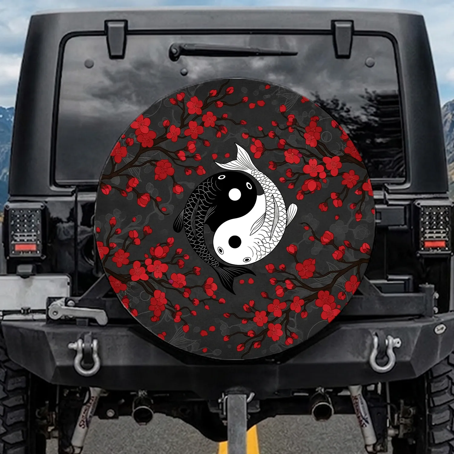Japanese Black White Koi Fish Yin Yang Harmony Cherry Blossom Spare Tire Cover - 1