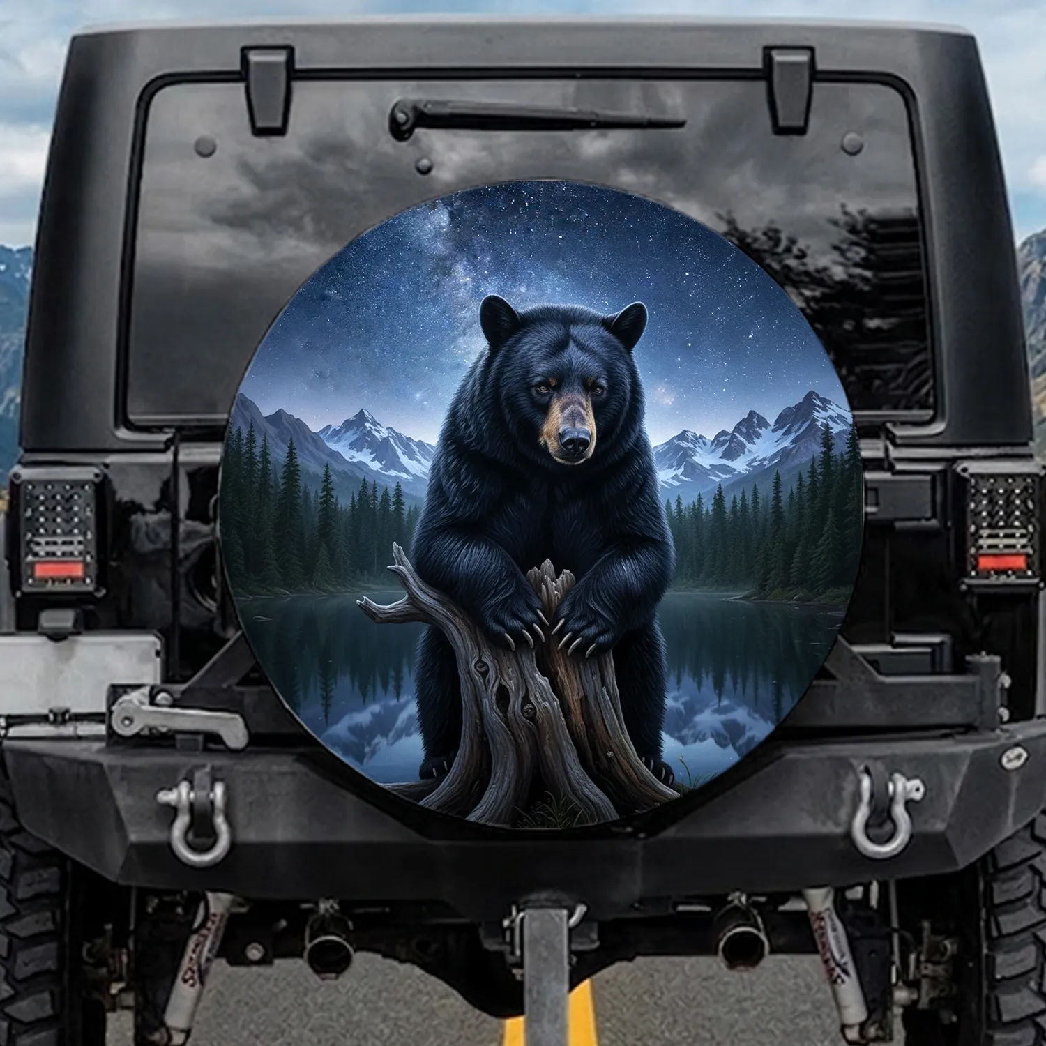 Majestic Realistic Black Bear Gnarled Log Forest Lake Mountain - Starry Night Gift Spare Tire Cover - 1