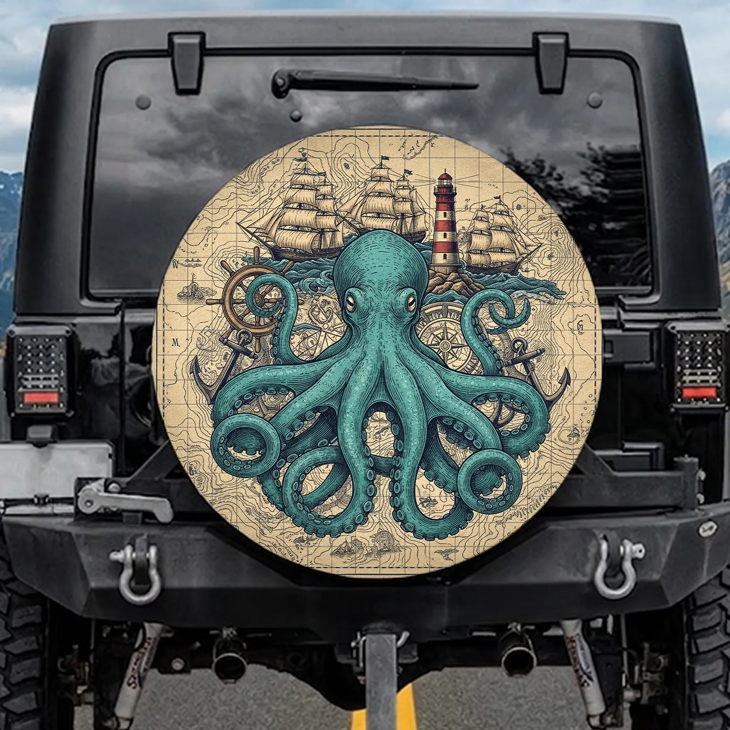 Teal Octopus Vintage Sailing Ships Lighthouse Compass Rose - Nautical Lover Gift Spare Tire Cover - 1