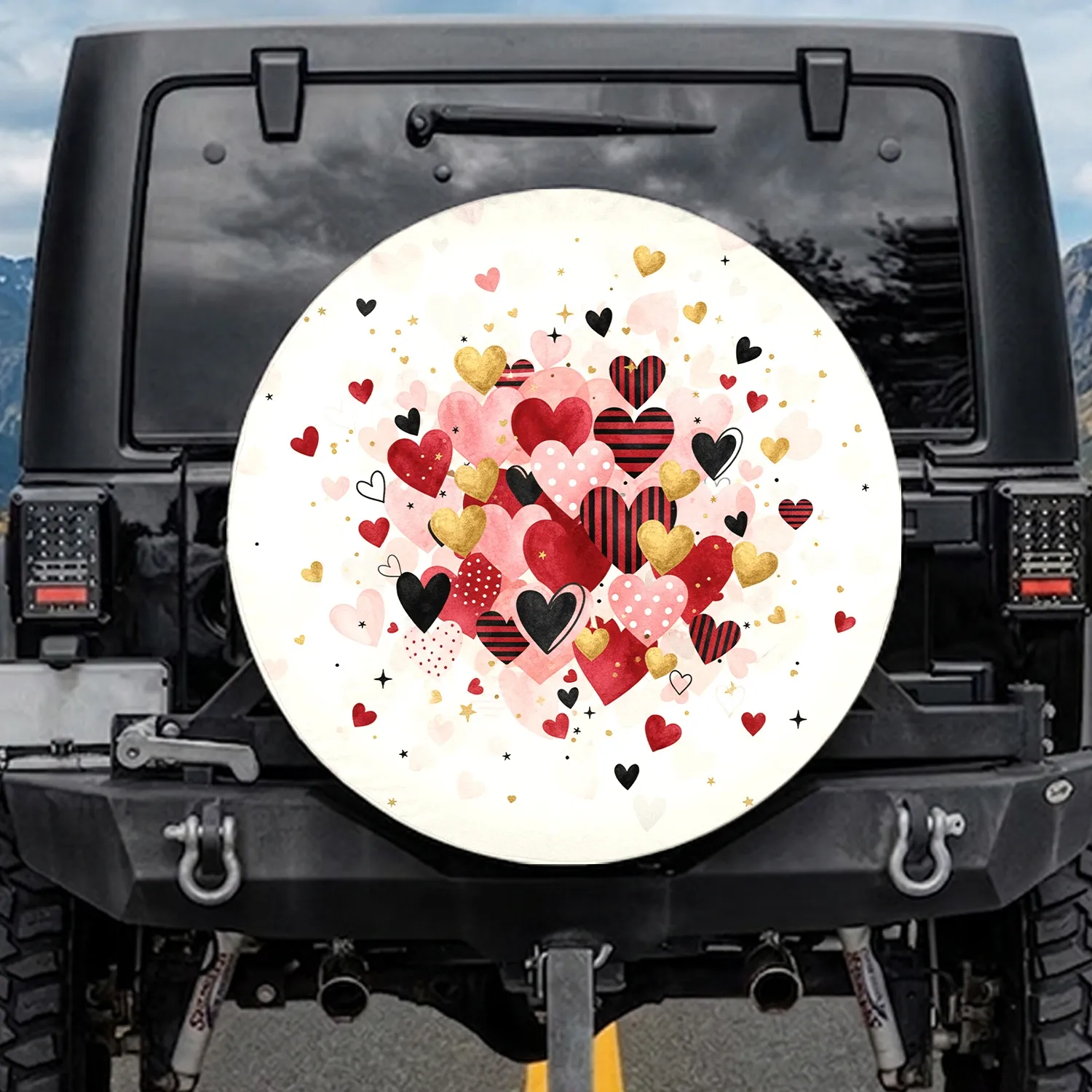 Watercolor Eclectic Heart Cluster Gold Stars - Love Symbol Gift Everyday Drive Spare Tire Cover - 1