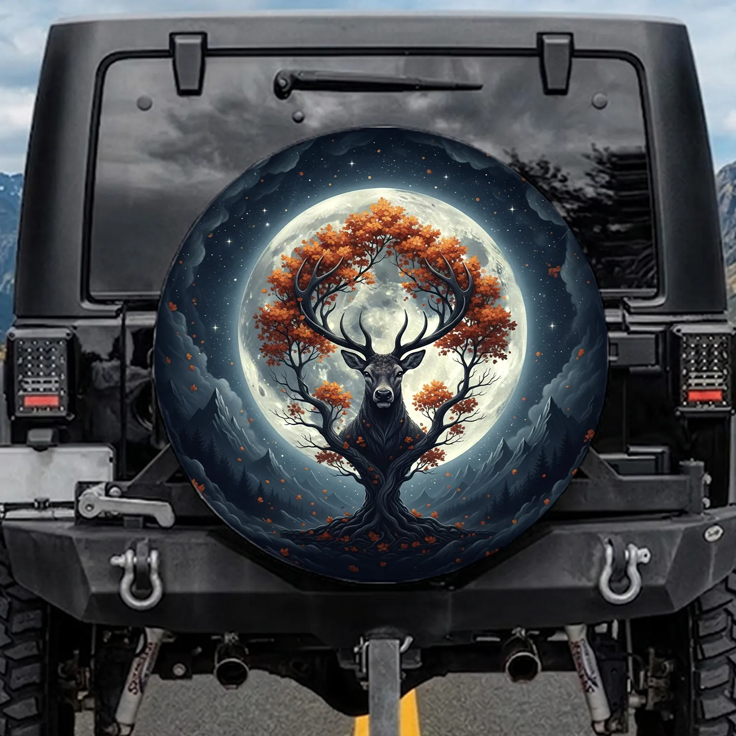 Majestic Stag Antlers Autumn Tree Full Moon - Nature Lover Gift Spare Tire Cover - 1