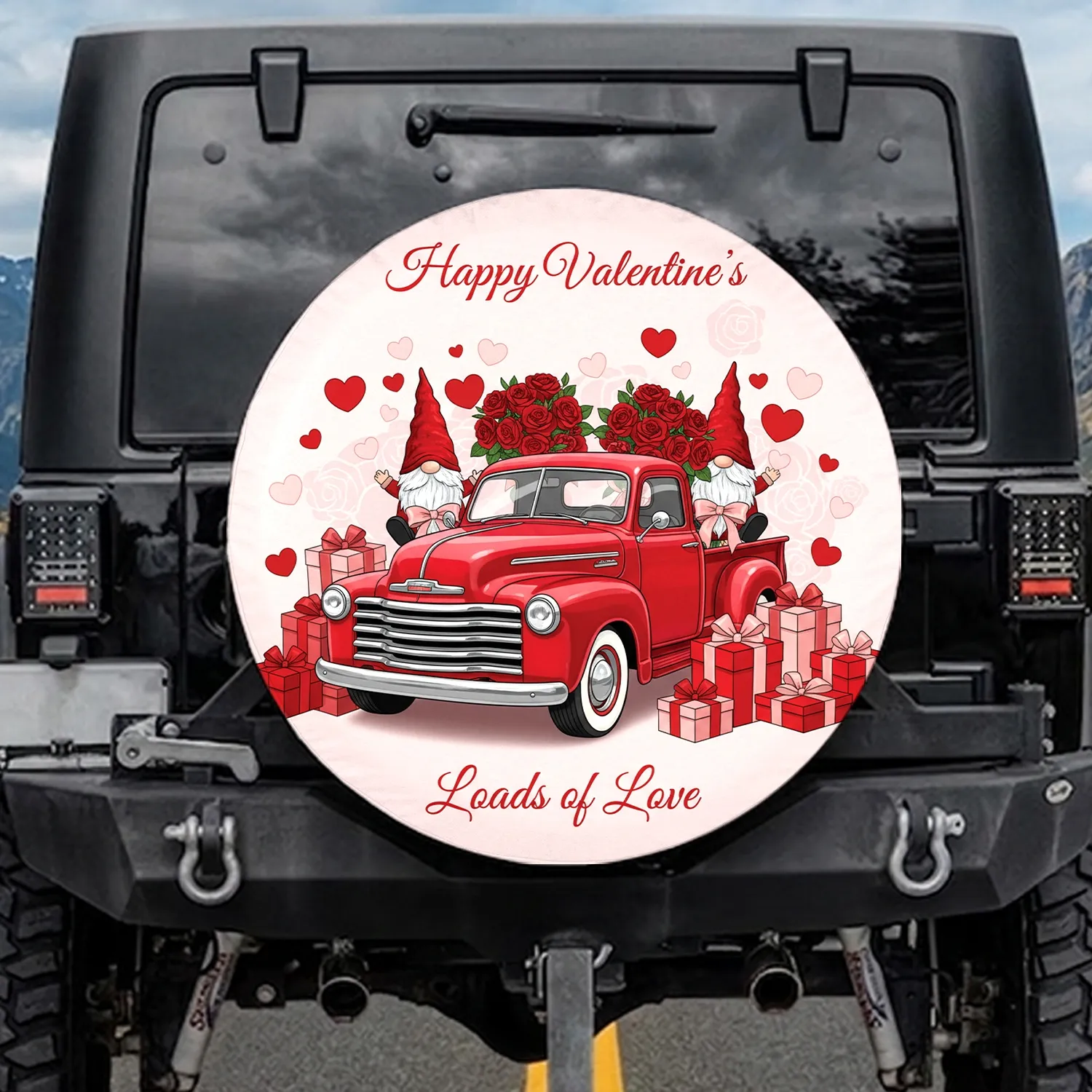 Vintage Red Pickup Truck Gnomes Roses Hearts - Happy Valentine's Day Gift Spare Tire Cover - 1
