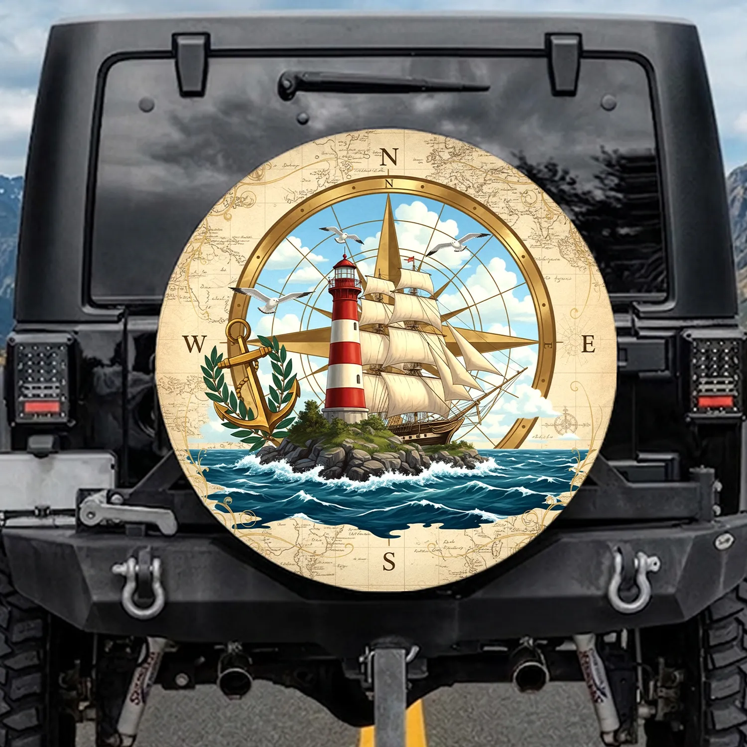 Nautical Compass Lighthouse Sailing Ship - Travel Essentials Gift for Sailors Spare Tire Cover - 1