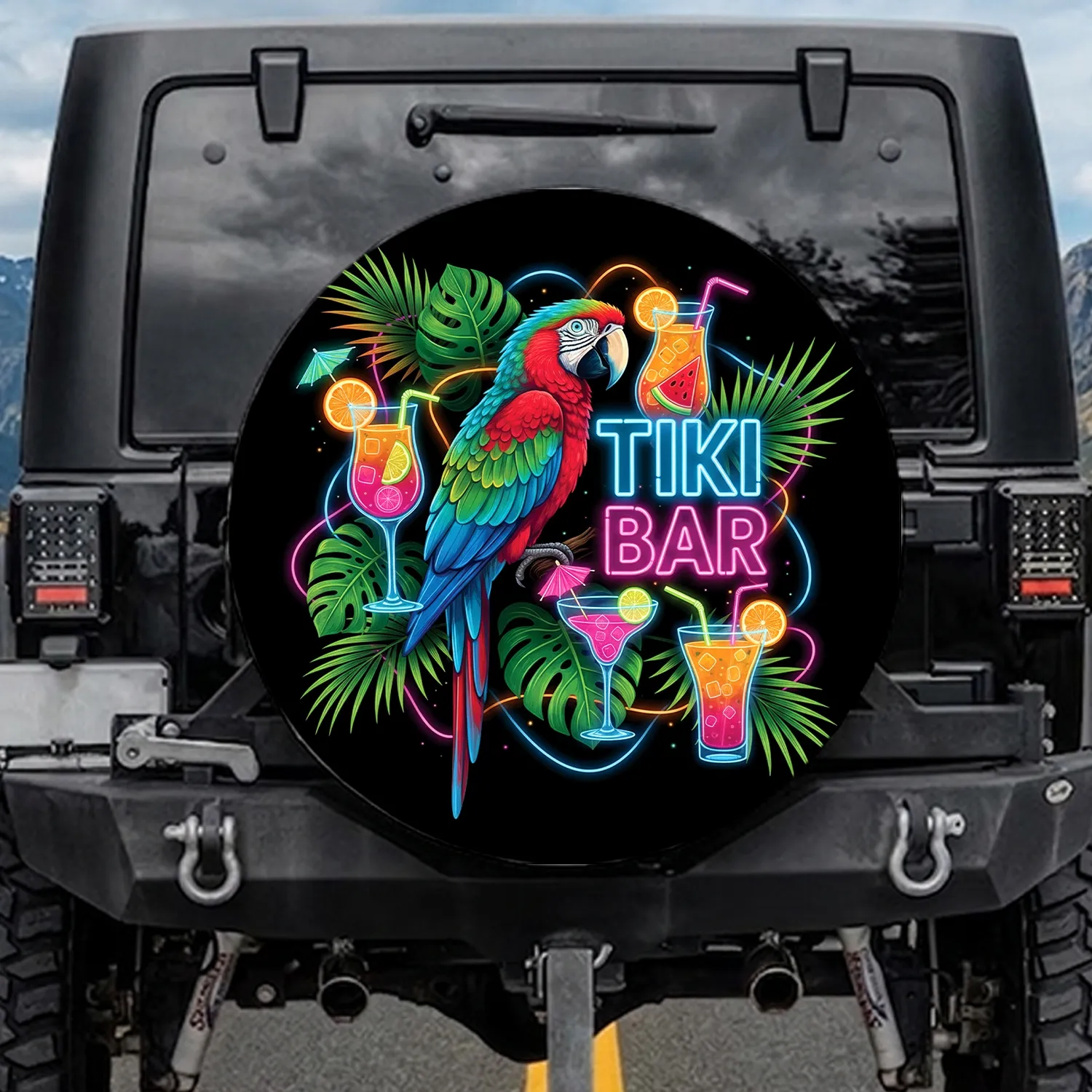 Macaw Parrot Neon TIKI Bar Tropical Cocktails - Outdoor Decor Gift Spare Tire Cover - 1