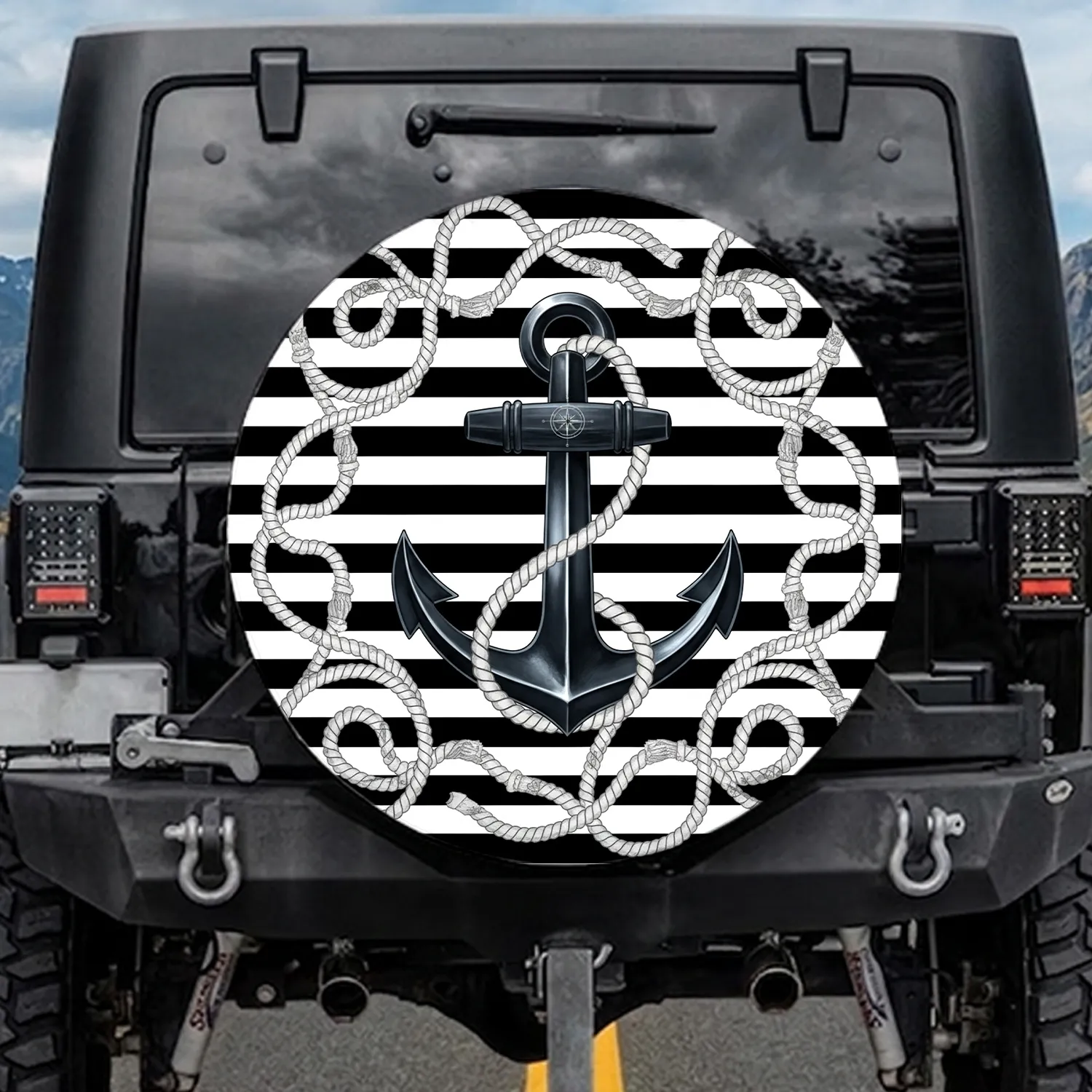 Ship Anchor Intertwining Rope Coils Field of Stripes Boating Enthusiast Lifestyle Gift Spare Tire Cover - 1