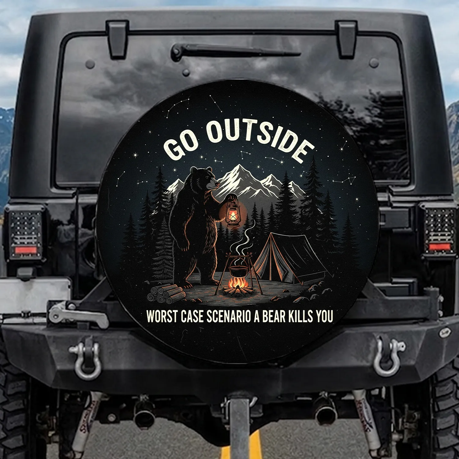 Camping Bear Tent Campfire Mountains 'Go Outside' - Outdoors Adventure Gift Spare Tire Cover - 1