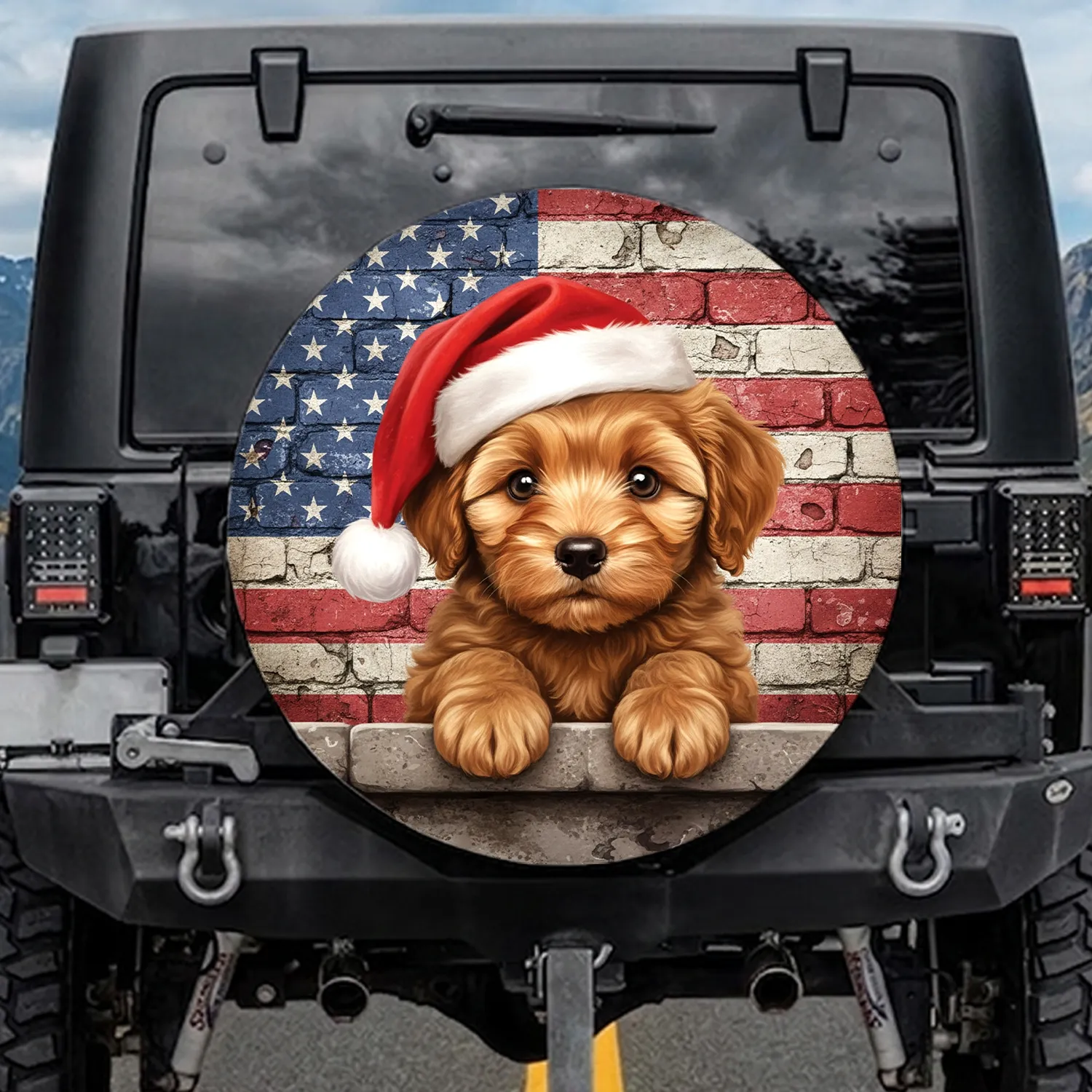 Fluffy Puppy Santa Hat American Flag - Christmas Holiday Gift for Dog Lover Spare Tire Cover - 1