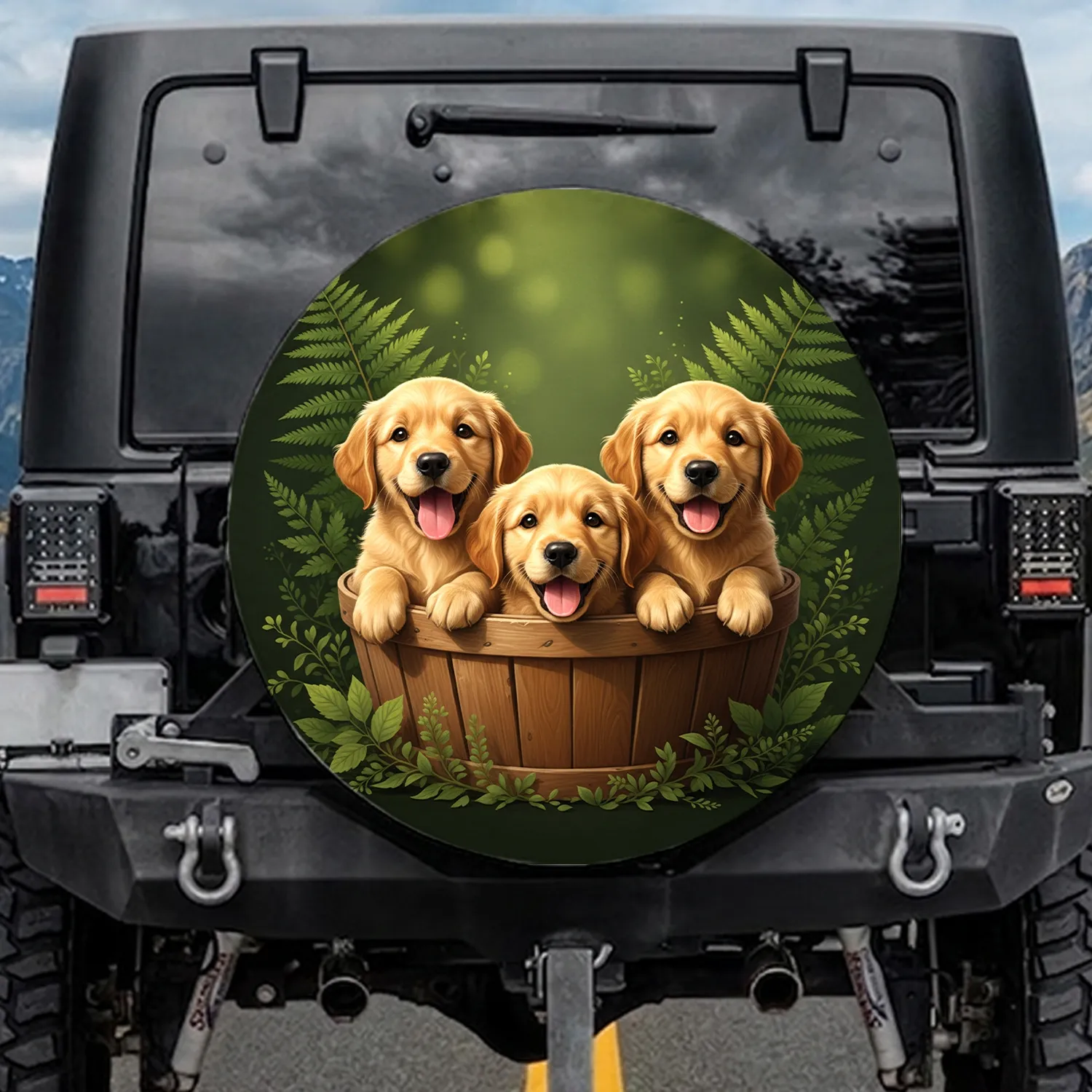 Golden Retriever Puppies Rustic Basket Forest Garden - Puppy Lover Gift Spare Tire Cover - 1