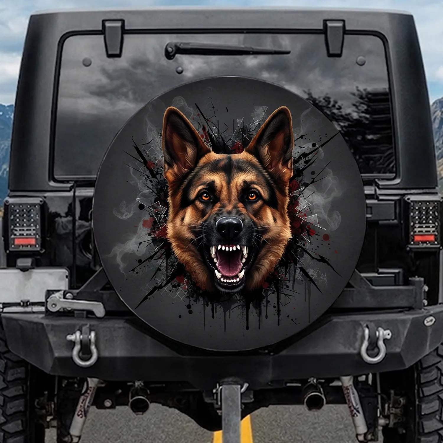 German Shepherd Dog Snarling Head Sharp Teeth - Dog Lover Car Accessory Gift Spare Tire Cover - 1