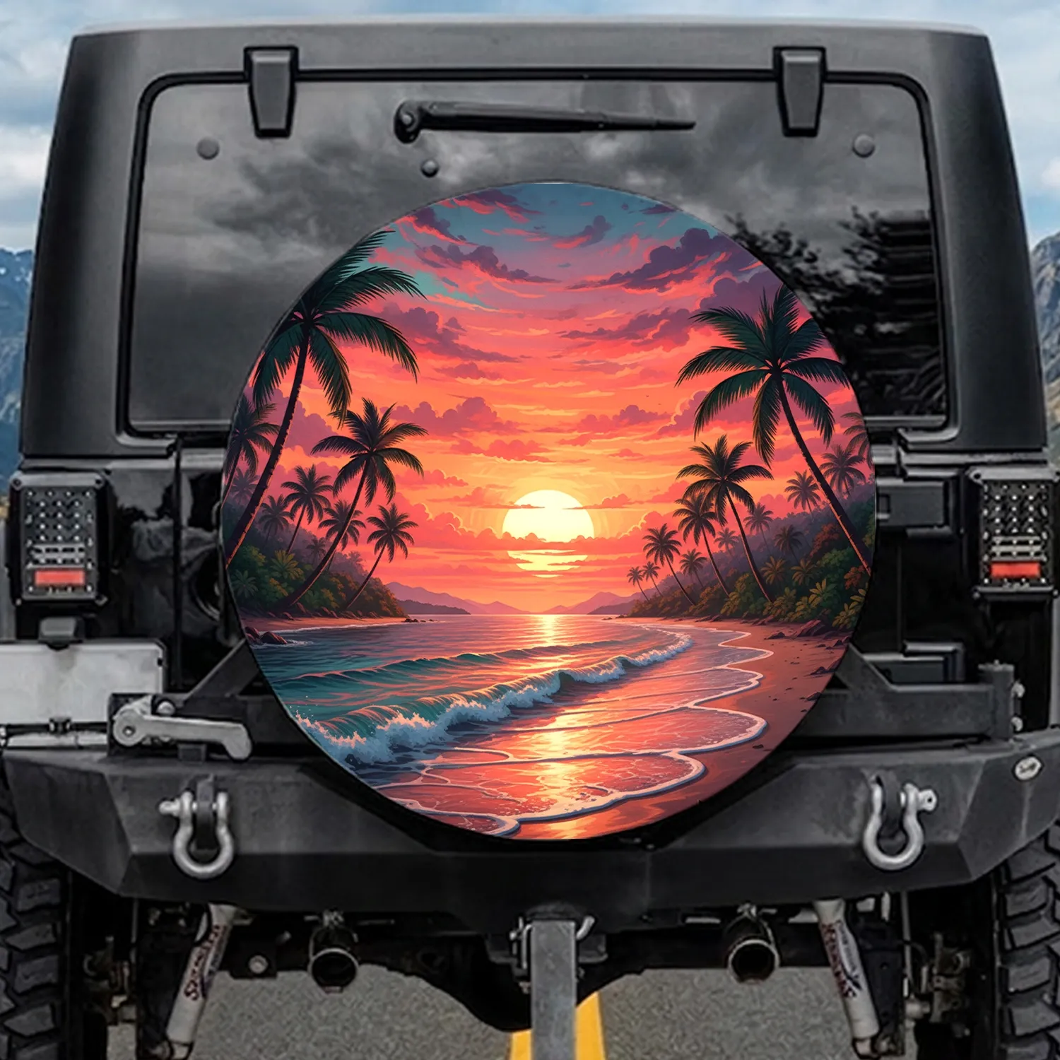 Tropical Beach Palm Trees Ocean Sunset Islands - Outdoor Adventure Road Trip Gear Spare Tire Cover - 1