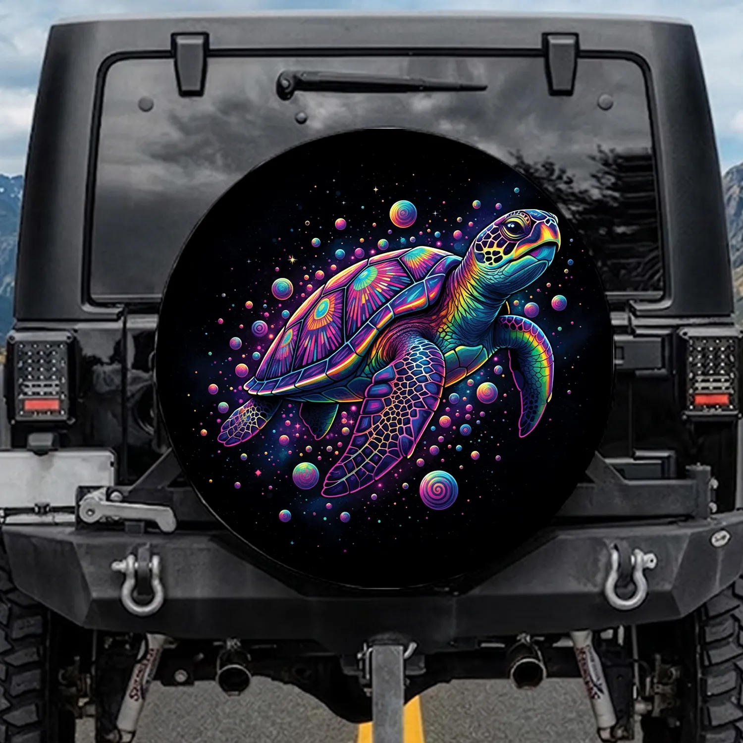 Psychedelic Rainbow Sea Turtle - Cosmic Journey Wildlife Lover Gift Spare Tire Cover - 1