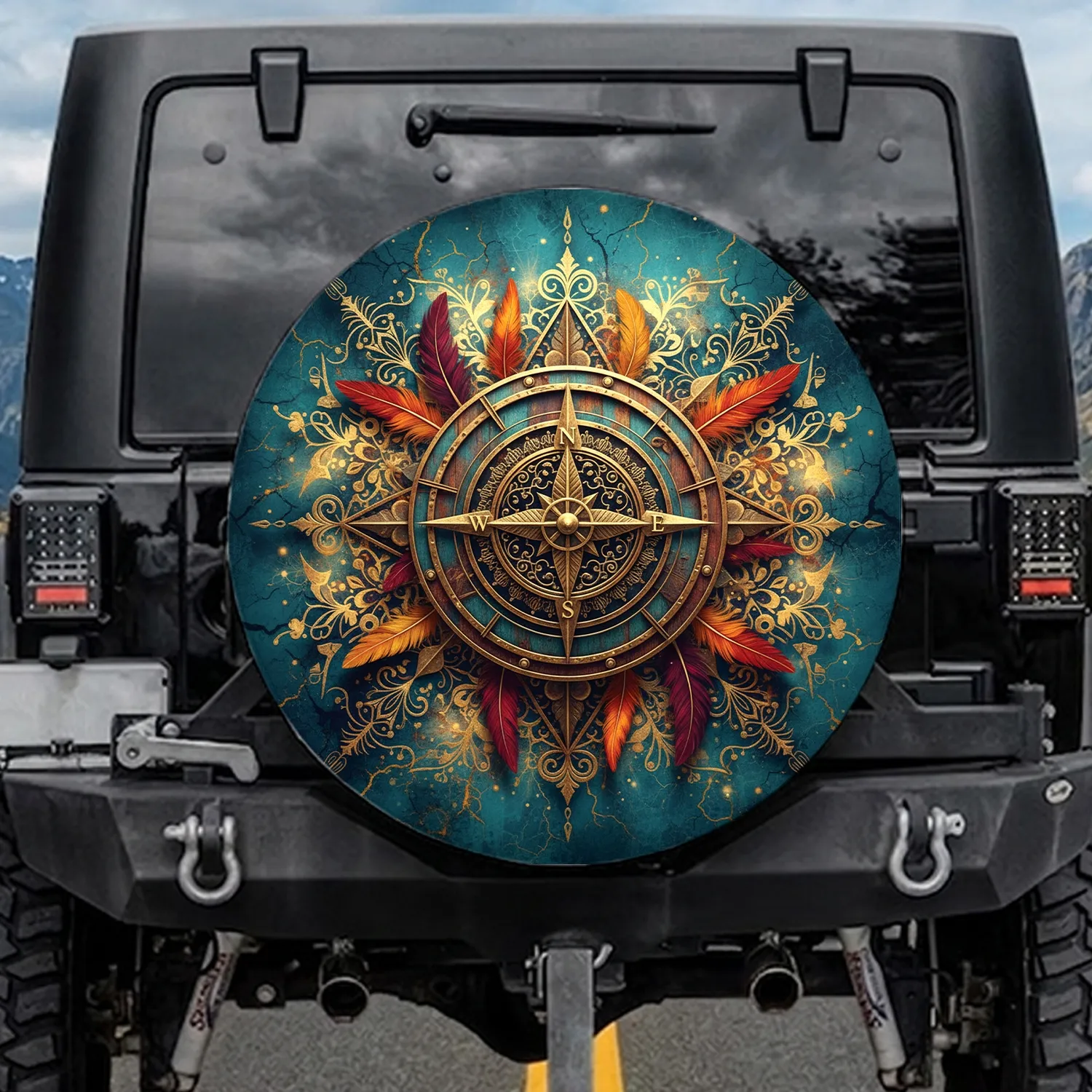 Compass Rose Feathers Tribal Floral - Outdoor Adventure Traveler Gift Spare Tire Cover - 1