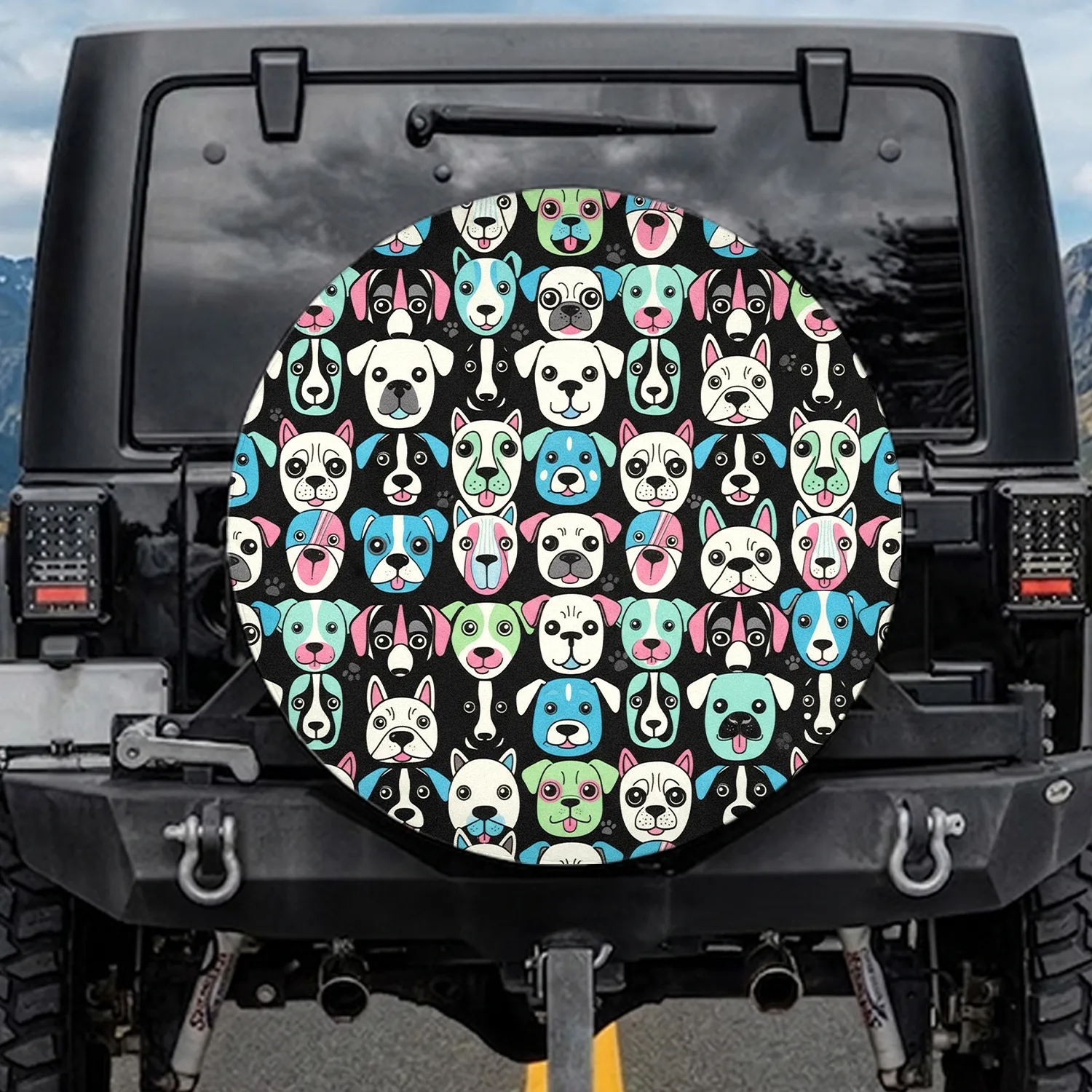Cartoon Dog Faces Densely Packed Interlocking Black Background - Pet Lover Gift Spare Tire Cover - 1