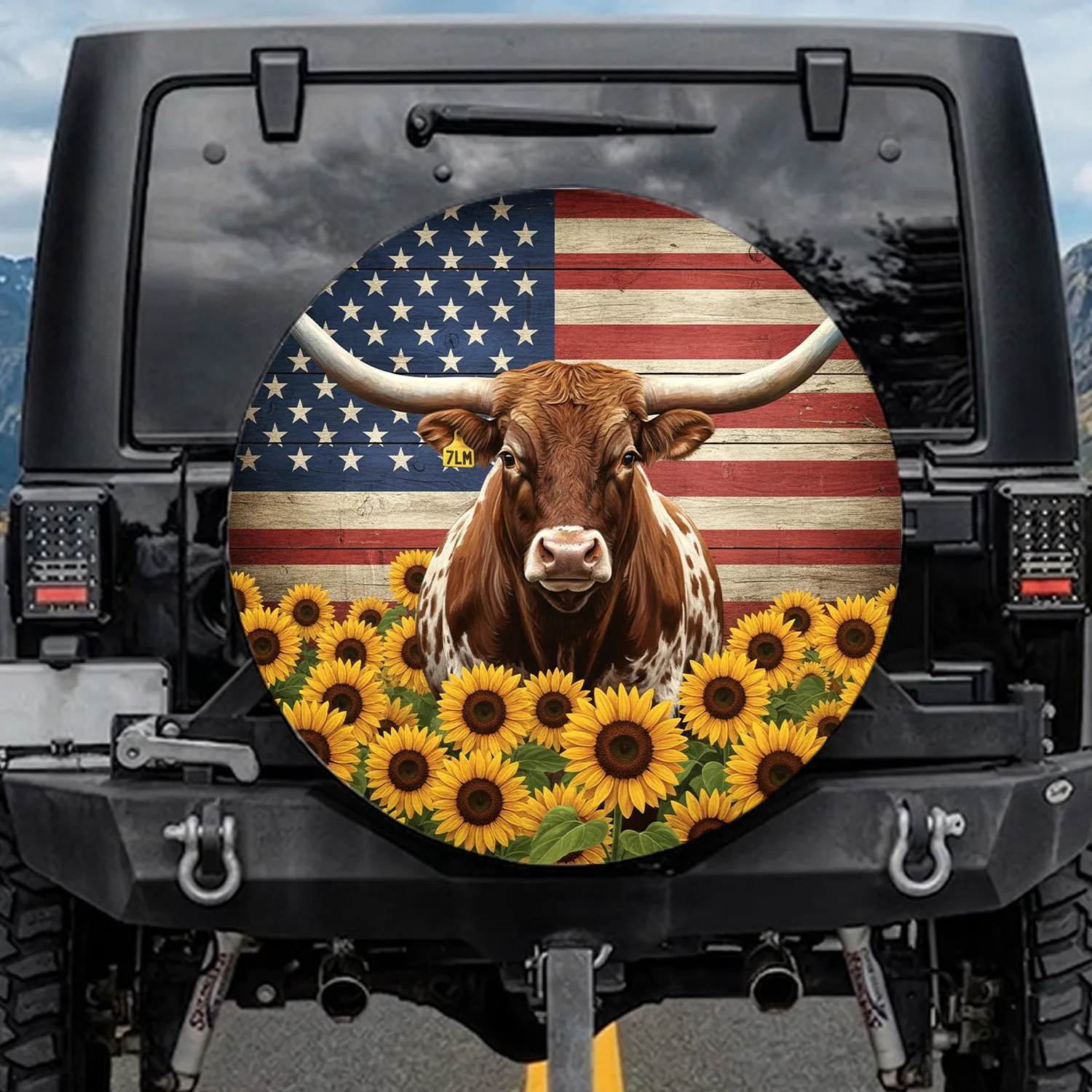 Longhorn Bull Sunflowers American Flag - Rustic Farmhouse Decor Gift Spare Tire Cover - 1