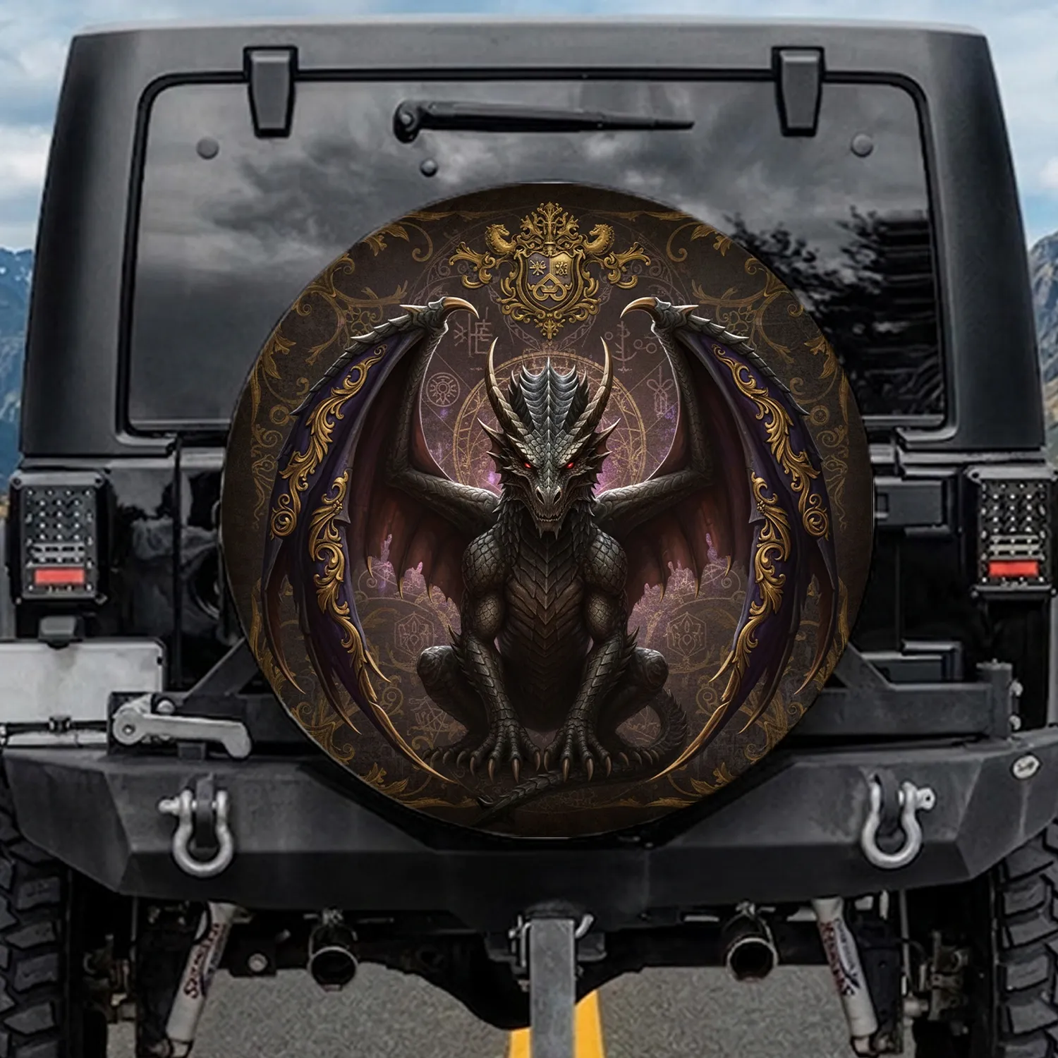 Dark Dragon Purple Wings Golden Crest Ancient Leather - Fantasy Lover Gift Spare Tire Cover - 1