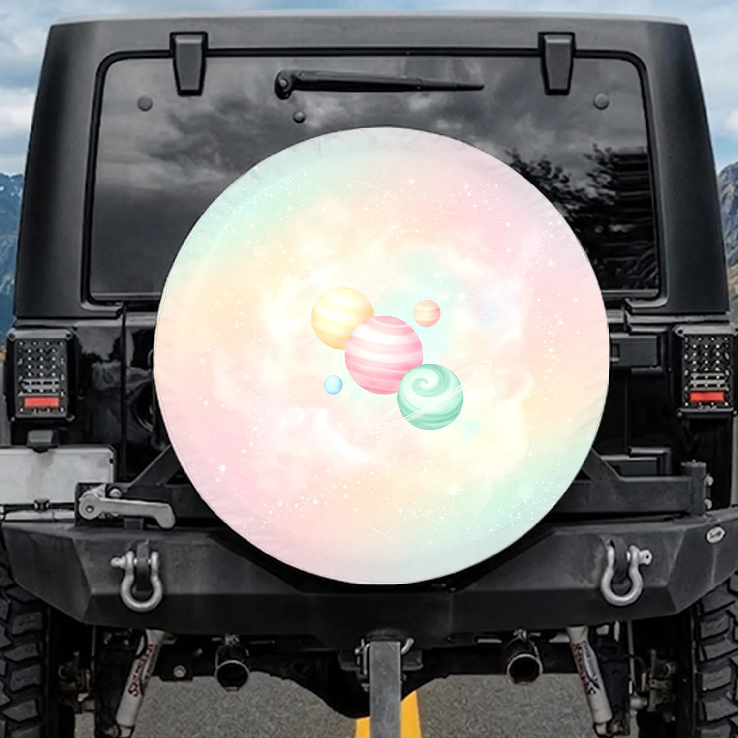 Pastel Yellow Pink Mint Blue Planets Stars Celestial Sky - Celestial Decor Gift for Space Lover Spare Tire Cover - 1