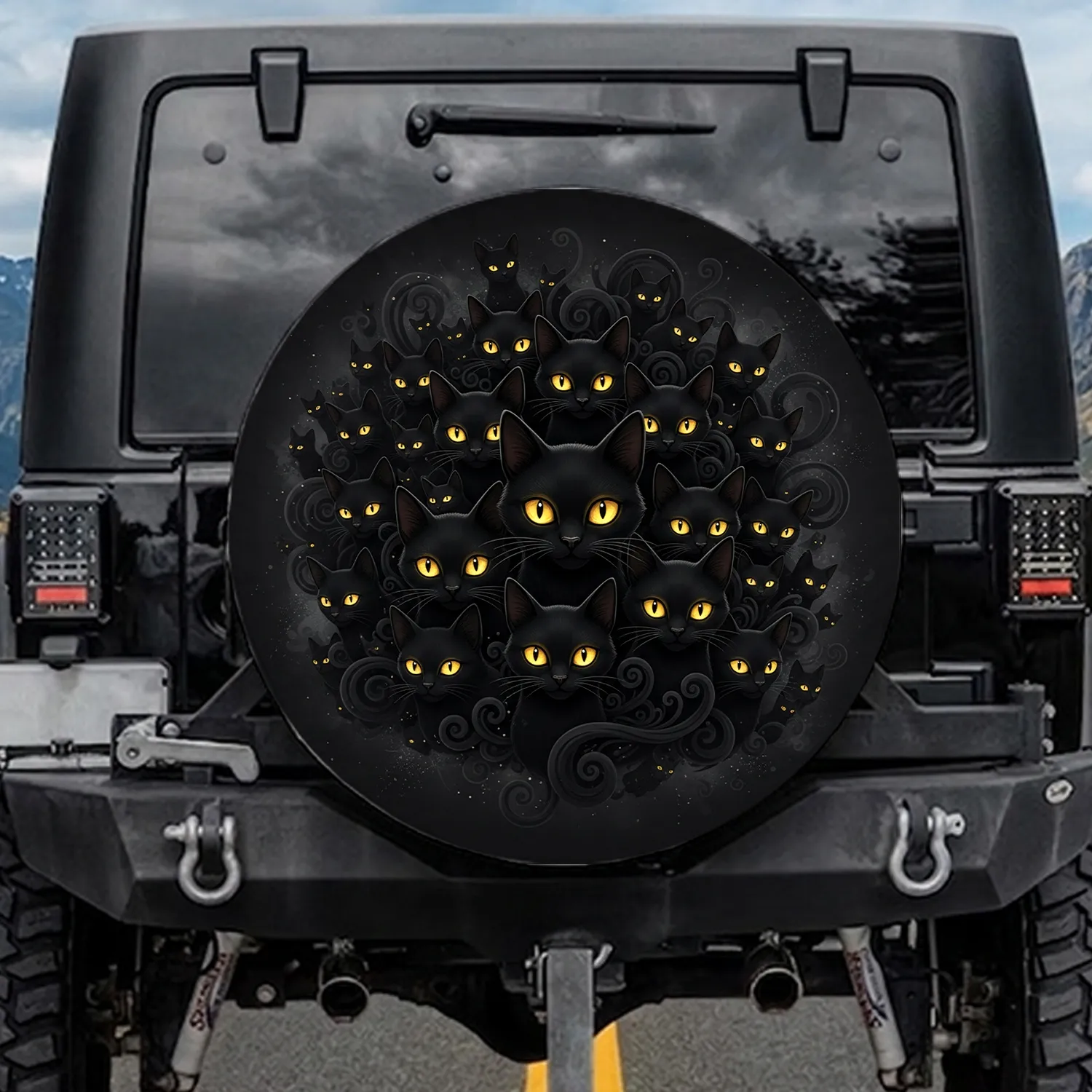 Black Cats Glowing Yellow Eyes Silhouettes Shadowy Swirls Smoky Tendrils - Cat Lover Gift Spare Tire Cover - 1