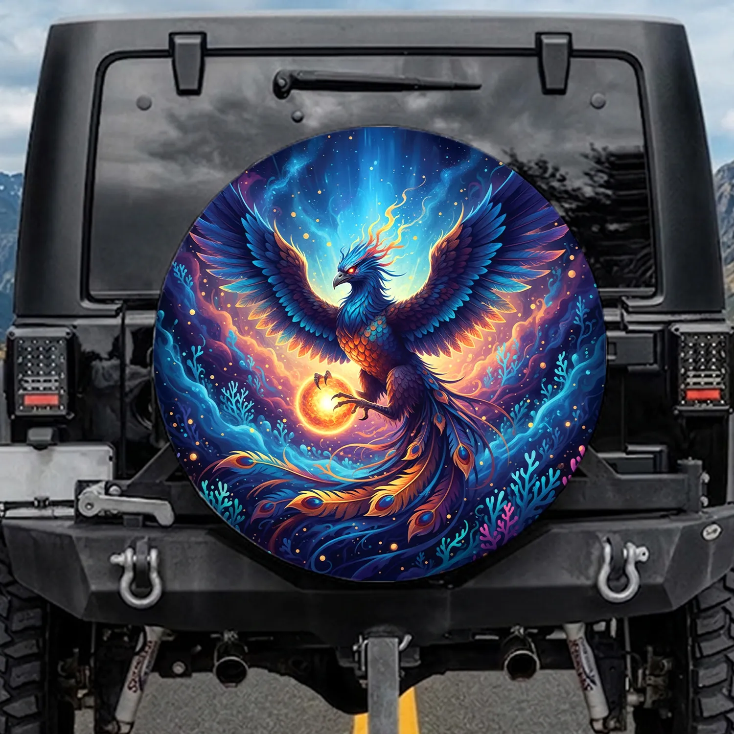 Phoenix Solar Orb Iridescent Feathers Cosmic Nebula - Fantasy Adventure Lover Gift Spare Tire Cover - 1