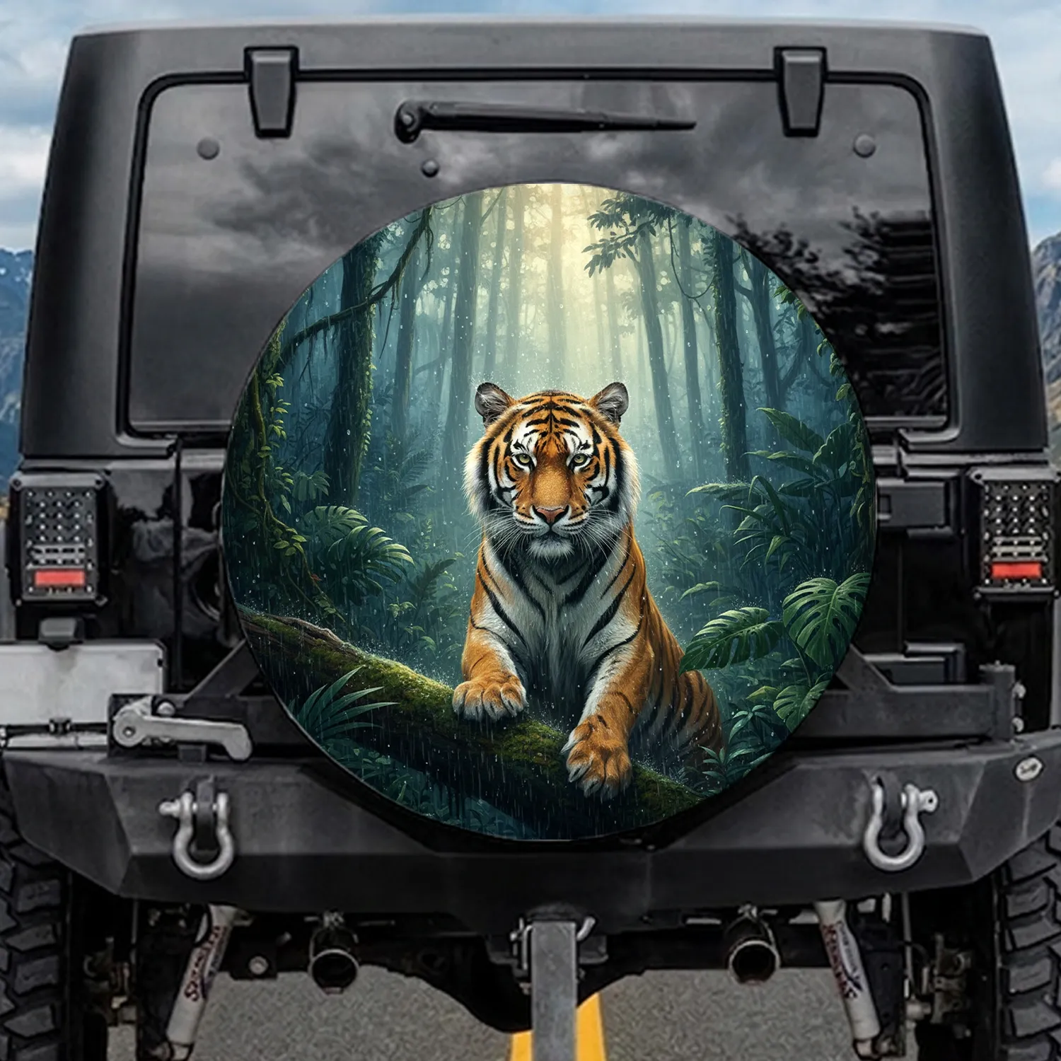 Powerful Orange Black Tiger Intense Gaze Rainforest Rain Jungle Scene - Wildlife Lover Gift Spare Tire Cover - 1