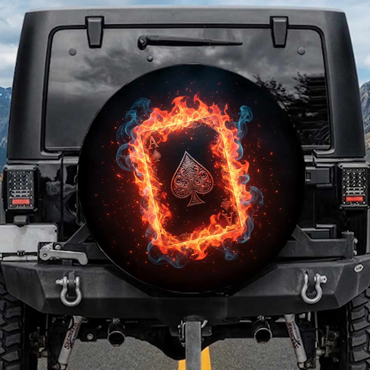 Tilted Ace of Spades Playing Card Flames - Car Game Room Decor for Card Lovers Spare Tire Cover - 1