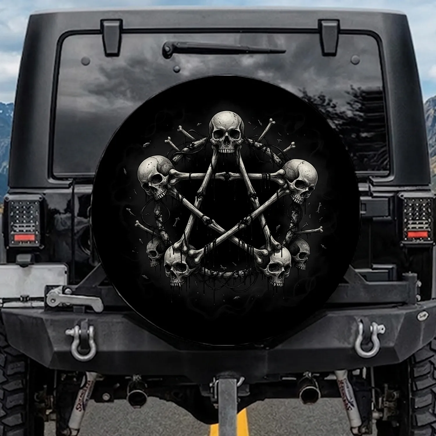 Sinister Pentagram Interlocked Bones Skulls Decayed Drips - Travel Essentials Spare Tire Cover - 1