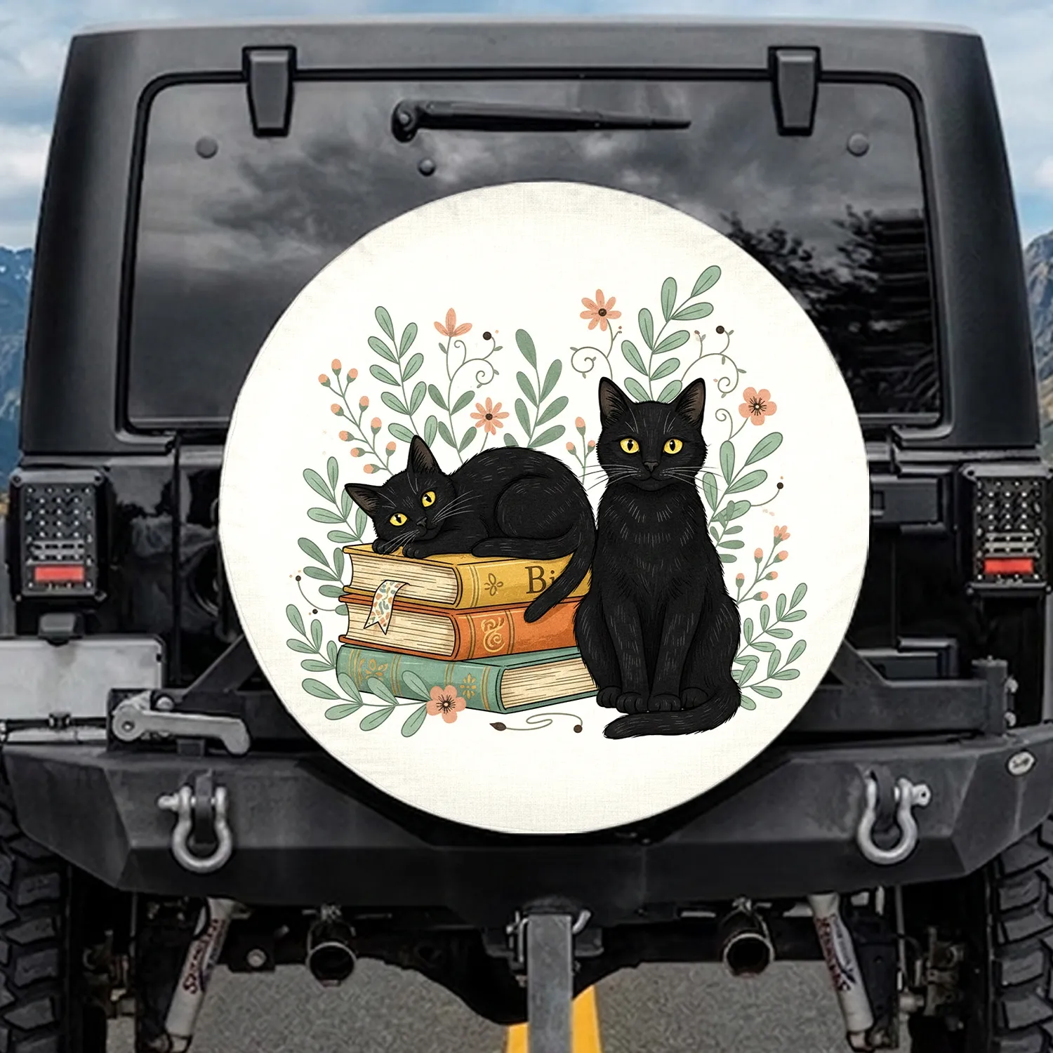 Bright Yellow Eyes Black Cats Antique Books Sage Green Pink Flowers - Outdoor Cat Lover Gift Spare Tire Cover - 1
