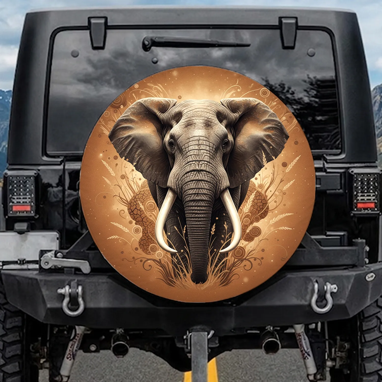 Majestic Elephant Head Tusks Warm Earth Tones - Wildlife Lover Outdoor Enthusiast Adventure Gift Spare Tire Cover - 1