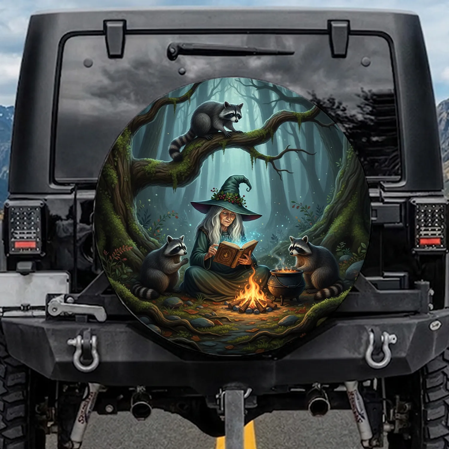 Old Witch Raccoons Glowing Spellbook Campfire - Magical Forest Journey Gift Spare Tire Cover - 1