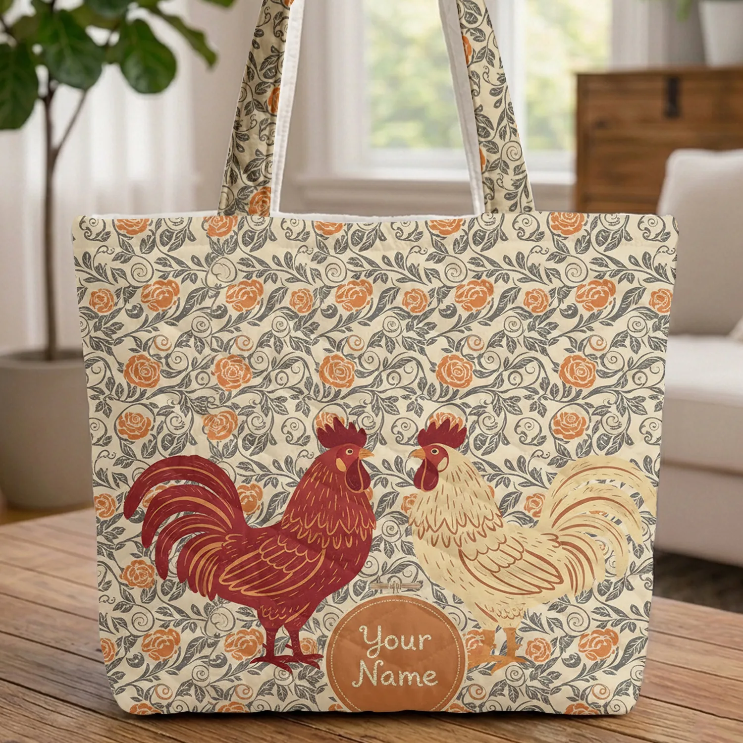 Personalized Folk Art Roosters Floral Name - Everyday Carry Gift Quilted Tote Bag - 1