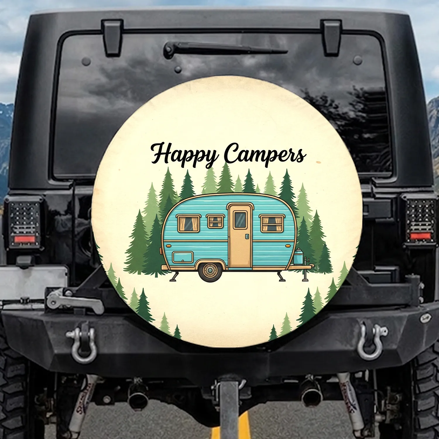 Retro Travel Trailer Happy Campers - Camping Trip Outdoor Gear Spare Tire Cover - 1