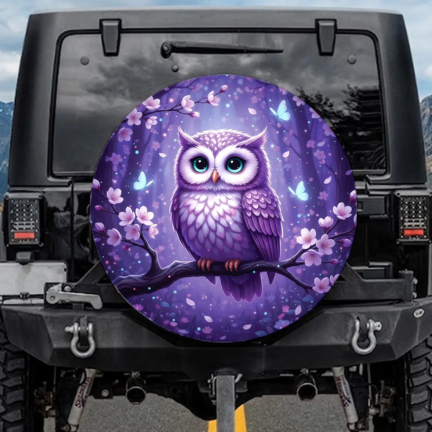 Fluffy Owl Cherry Blossom Butterflies Nocturnal Forest Wildlife Lover Gift Spare Tire Cover - 1