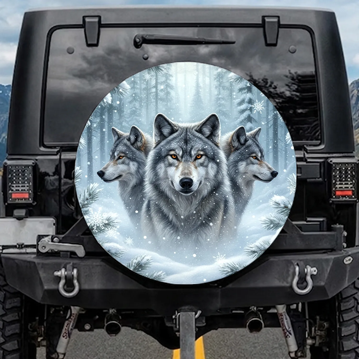 Three Majestic Grey Wolves Snow Pine Forest Falling Snowflakes - Wildlife Lover Gift Spare Tire Cover - 1